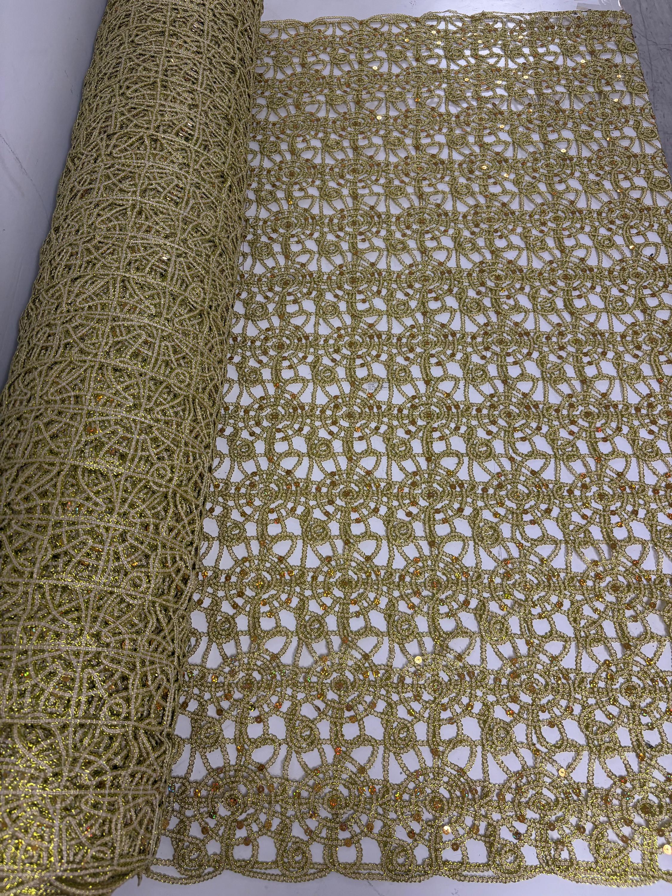 Gold color lace fabrics design Metallic spider Knit, Sequins embroidery double scalloped. Width 49/50"