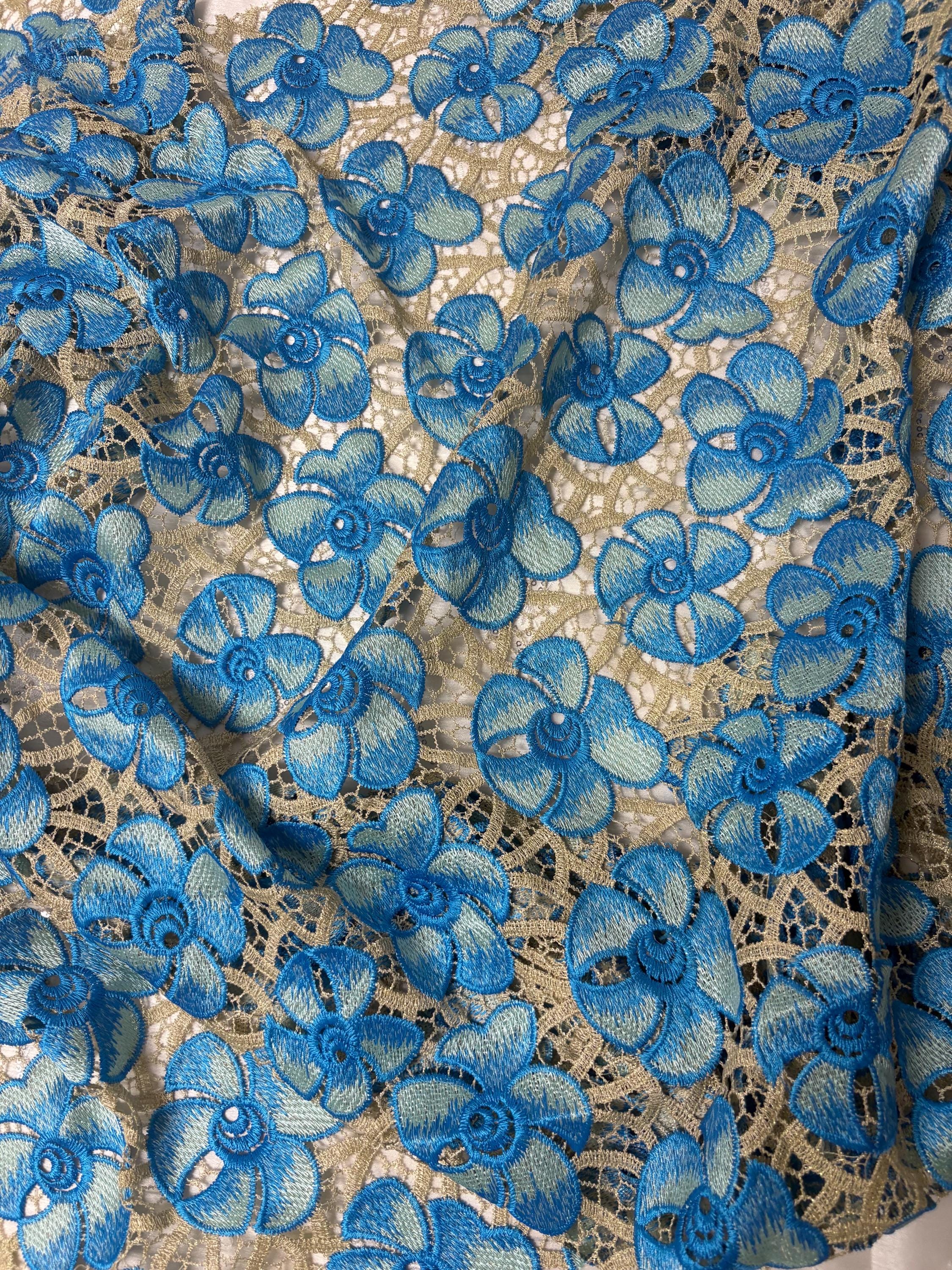 Guipure Lace Floral Embroidery Lace, width 49/50" sell by 1 yard increment. color Blue/light gold base. cut in continuous piece.