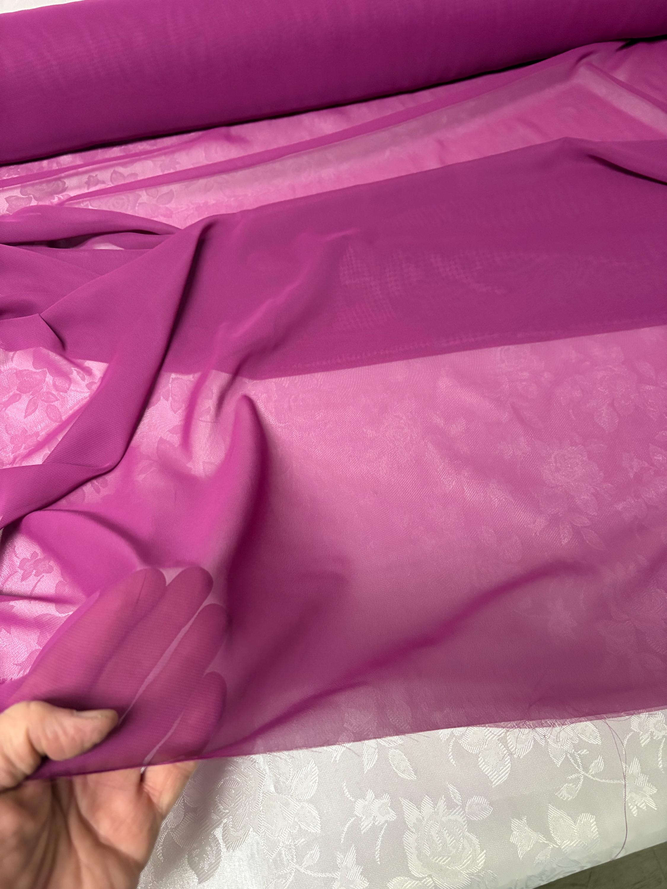 A 3 yard cut chiffon color Magenta width 58/60" wide, Polyester. sell by 3 yards increment continuous. Scarves, Dress and lingerie wear. fla