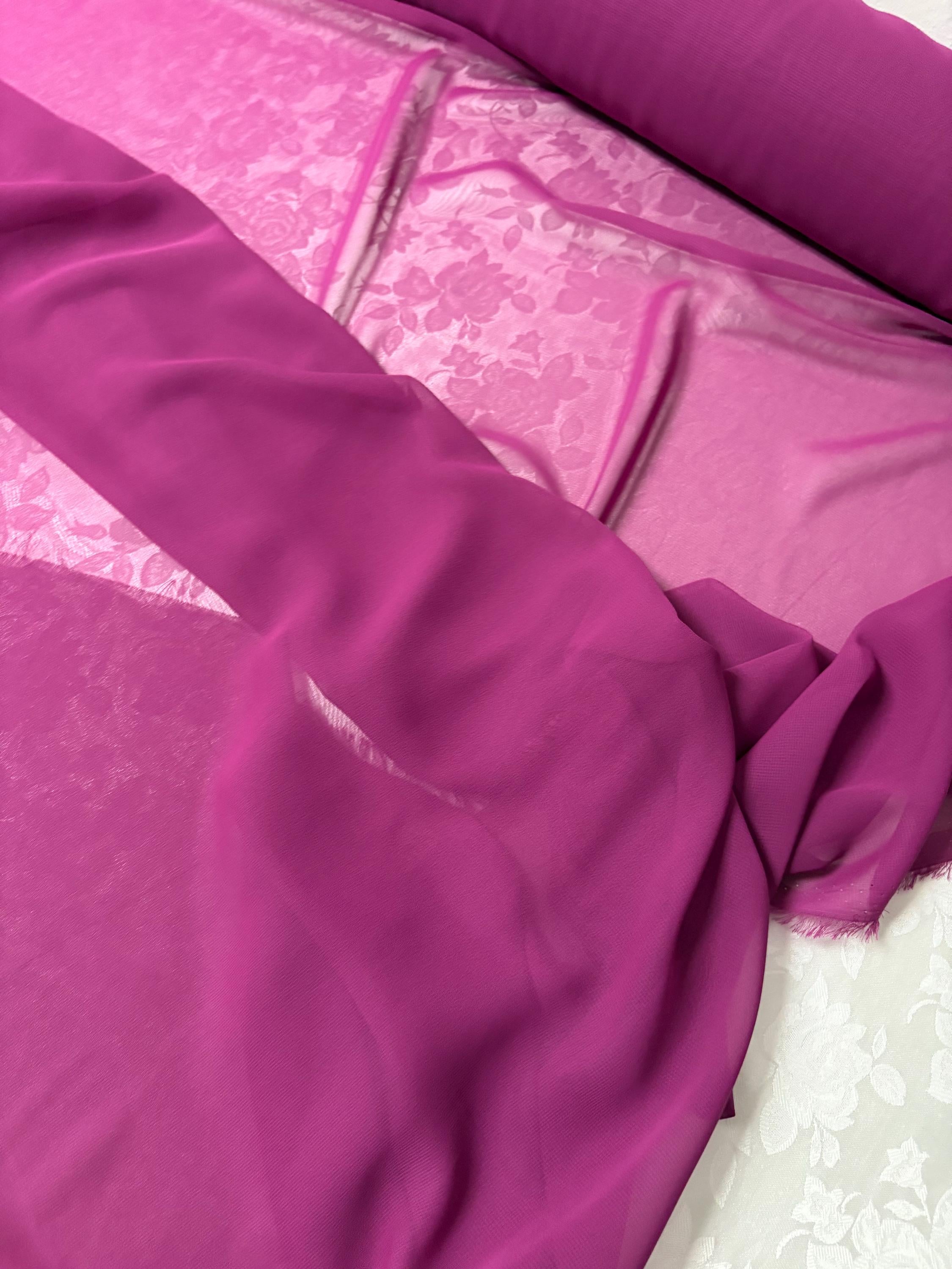 A 3 yard cut chiffon color Magenta width 58/60" wide, Polyester. sell by 3 yards increment continuous. Scarves, Dress and lingerie wear. fla