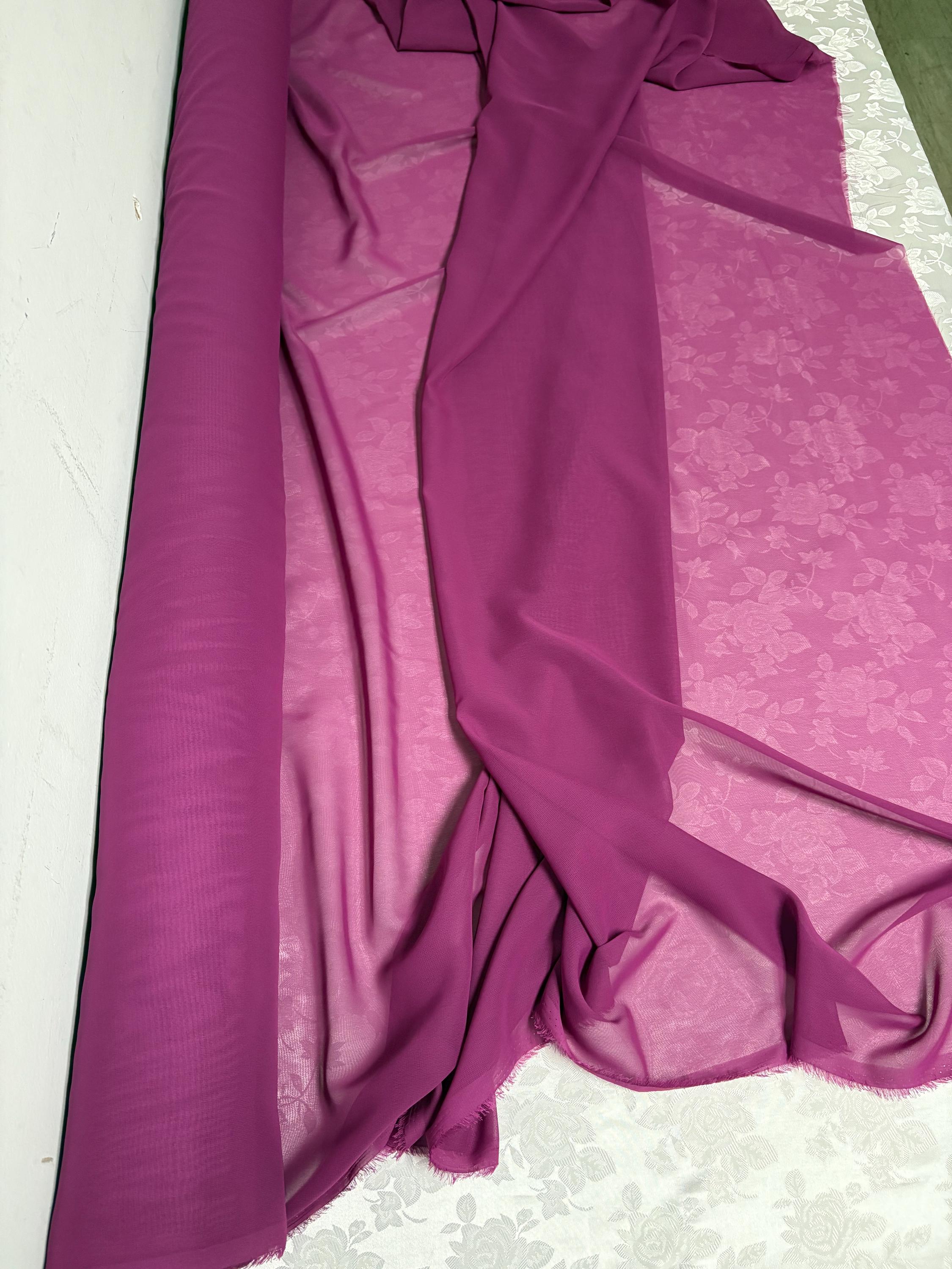 A 3 yard cut chiffon color Magenta width 58/60" wide, Polyester. sell by 3 yards increment continuous. Scarves, Dress and lingerie wear. fla