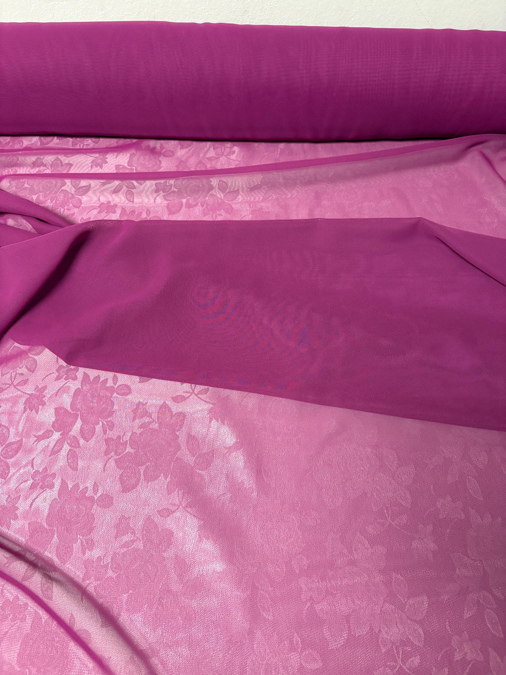 A 3 yard cut chiffon color Magenta width 58/60" wide, Polyester. sell by 3 yards increment continuous. Scarves, Dress and lingerie wear. fla