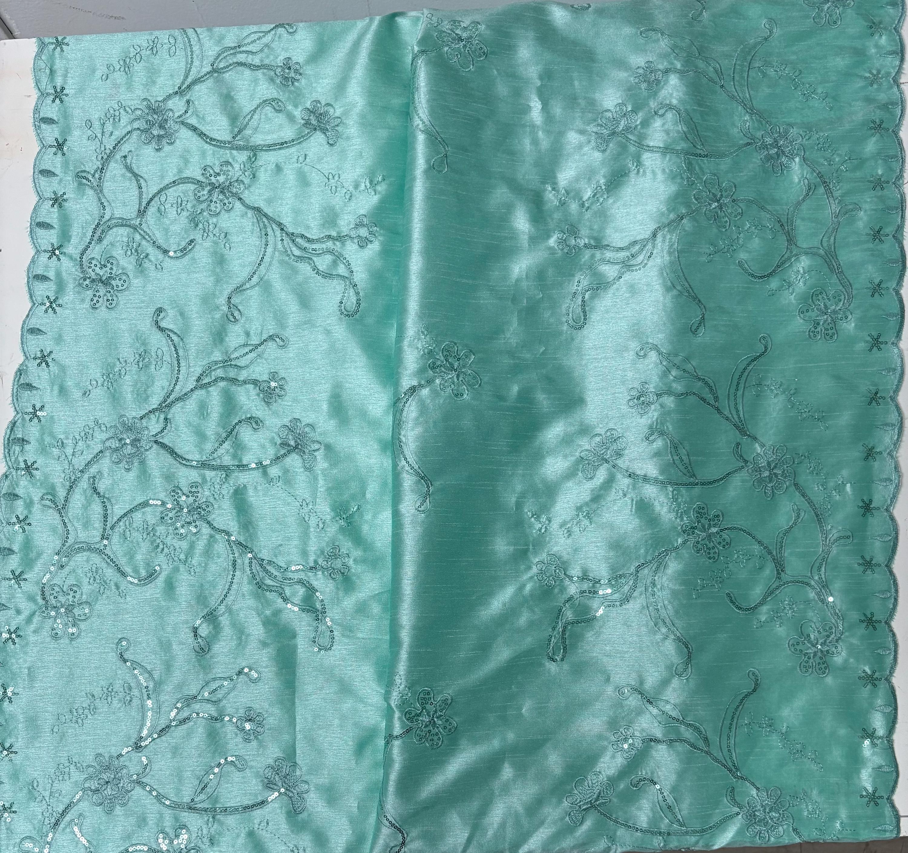 A 3 yards Tiffany satin Shantung Fabric width 58 inches polyester. Double scalloped sequins embroidery with slubbed texture.