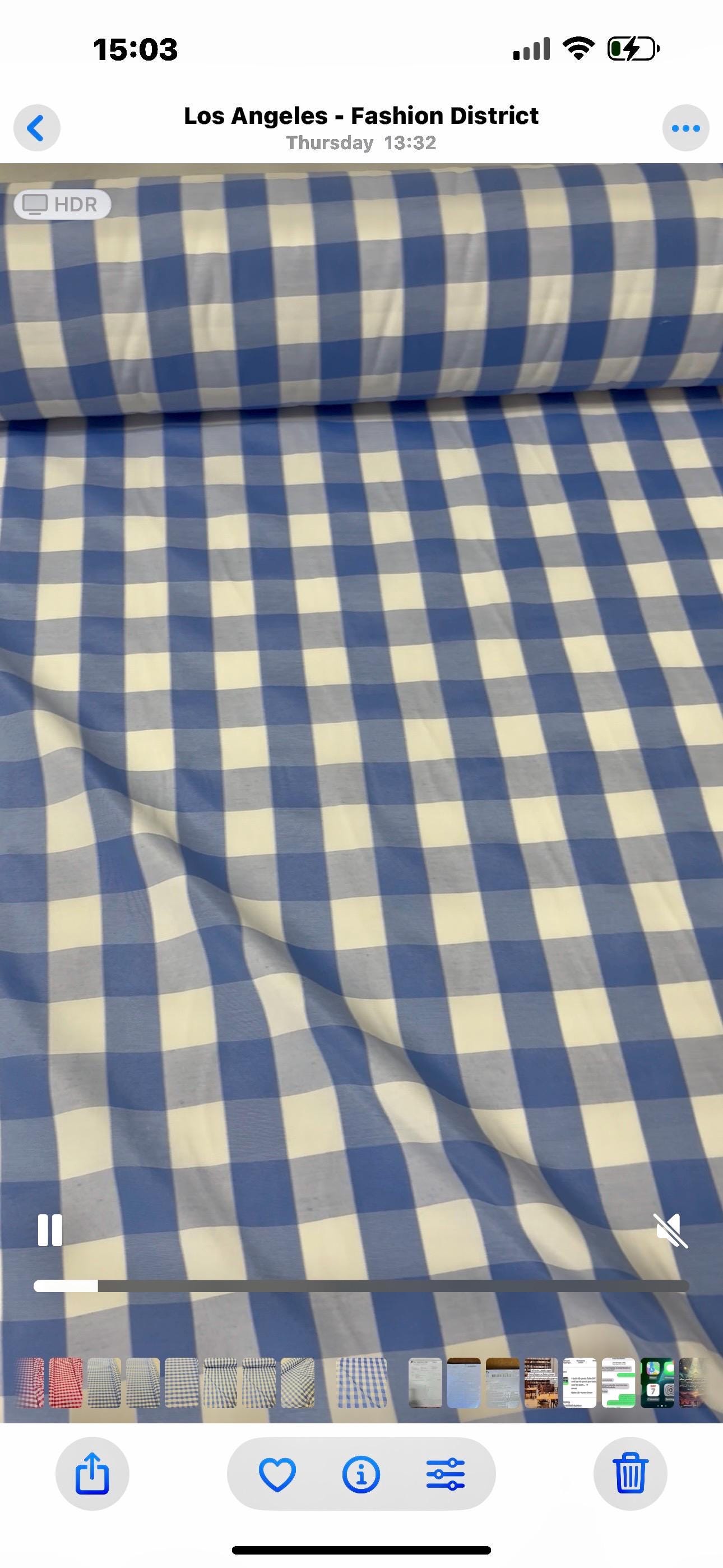 A 3 yards cut Lt. Blue Gingham fabric. Poly cotton, width 59". 1" square. will cut in 3 yards increment continuous. shop with confidence