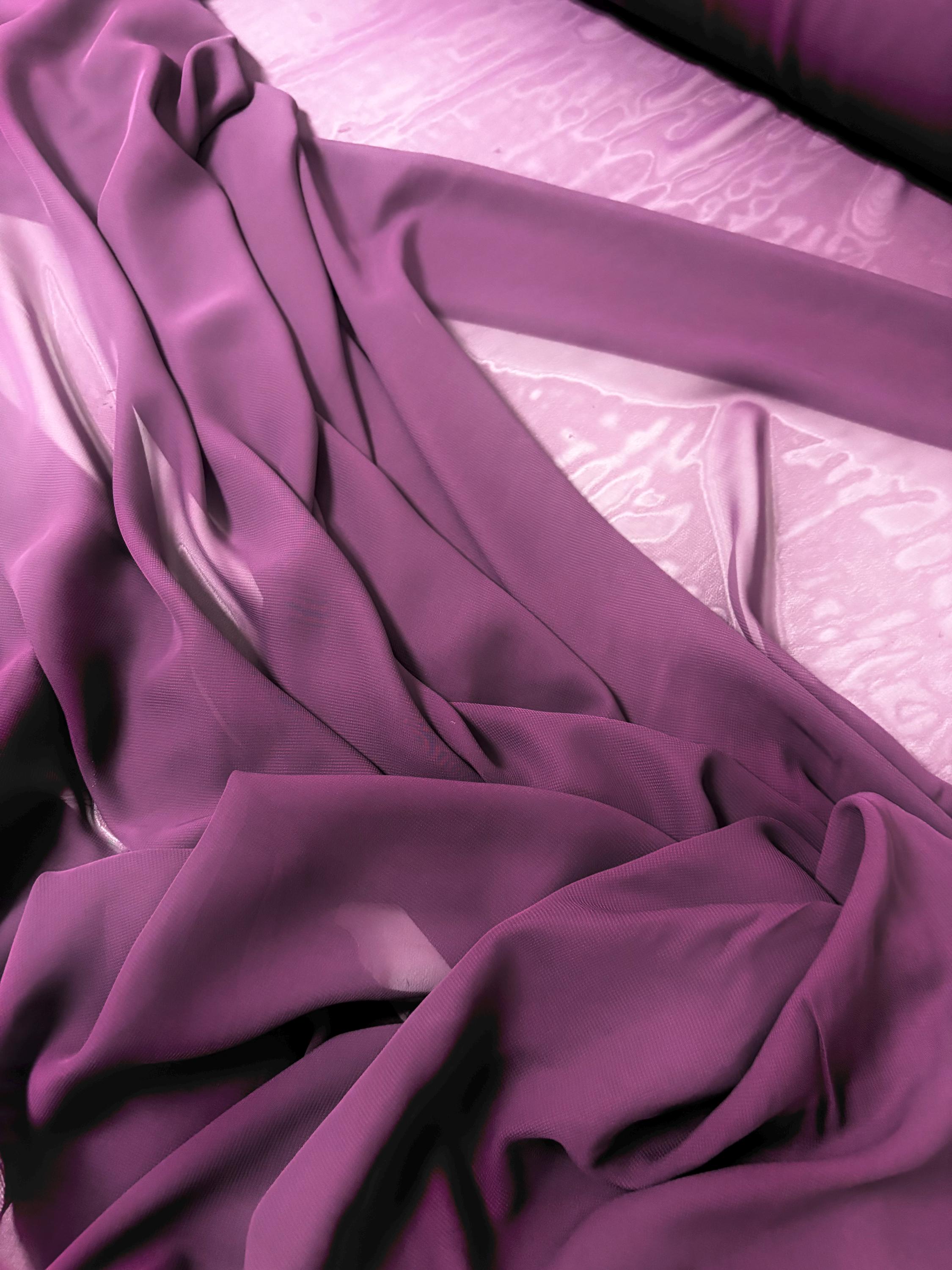 A 2 yards chiffon color Eggplant Fabric width 58/60 inches. sell by 2 yards continuous. polyester width 58".