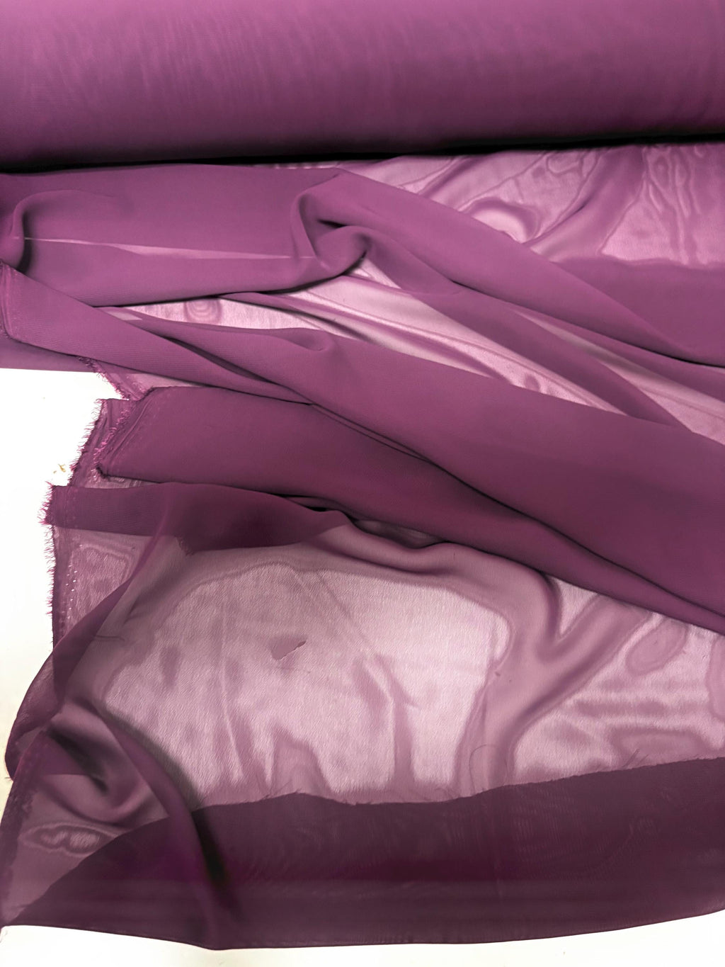 A 2 yards chiffon color Eggplant Fabric width 58/60 inches. sell by 2 yards continuous. polyester width 58".