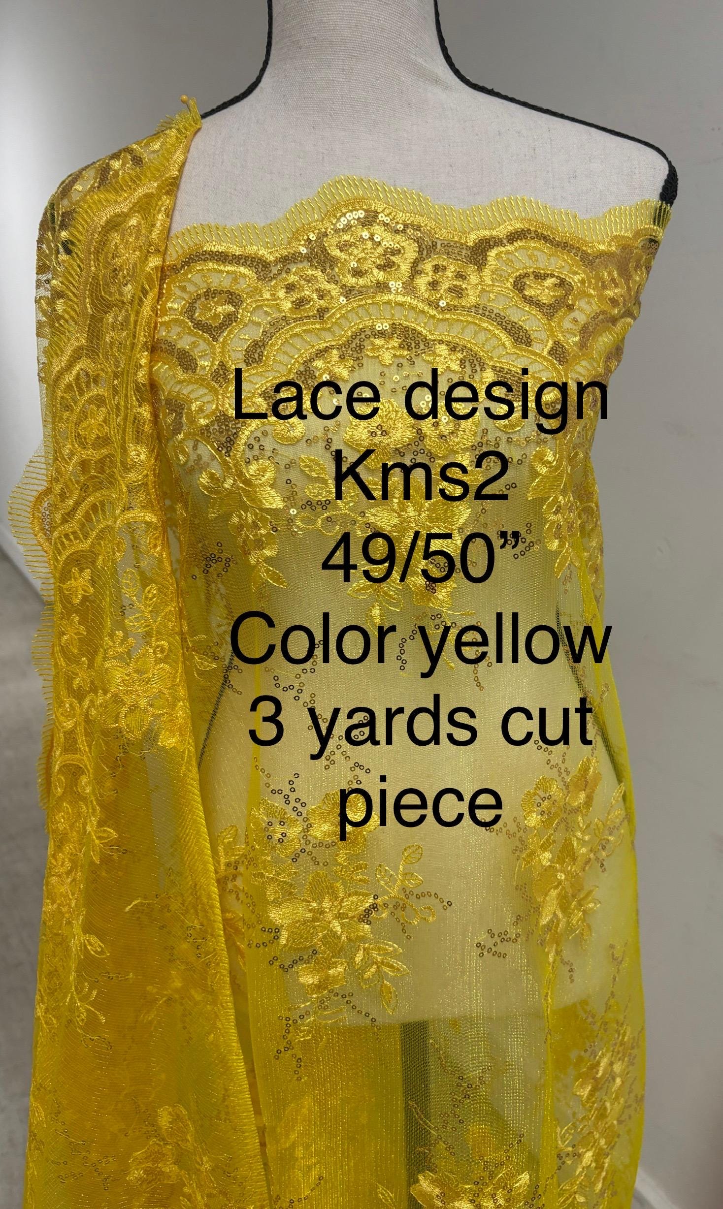 A 2 yards cut Lace color Yellow. Double scalloped sequence embroidered width 49/50 inches. condition. sell by 2 yards cut continues. KMS2