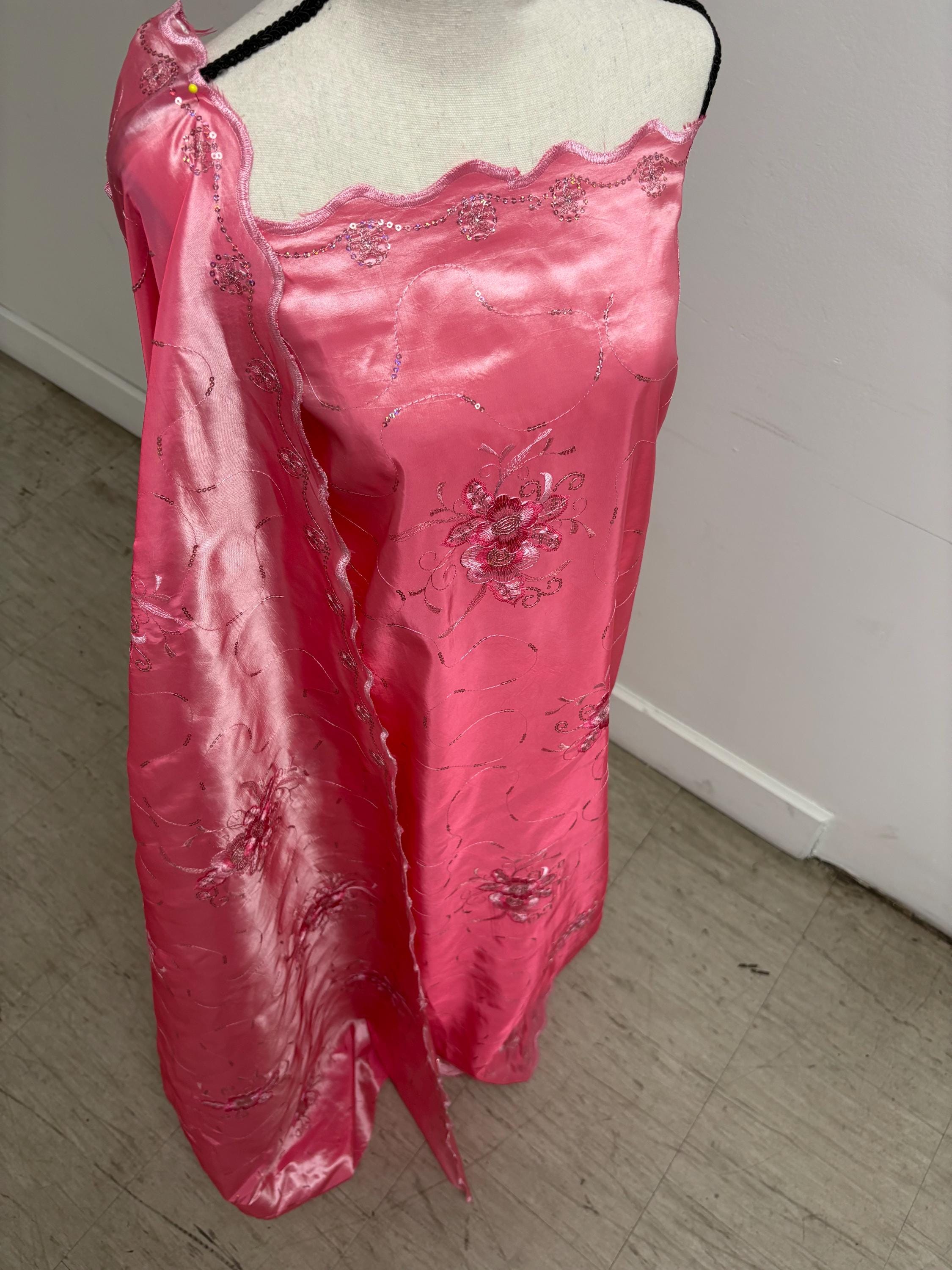A 2 yards Embroidery sequins Taffeta Fabric Design Bouquet, color Light Fuchsia width 54". sell by 2 yards increment continues.