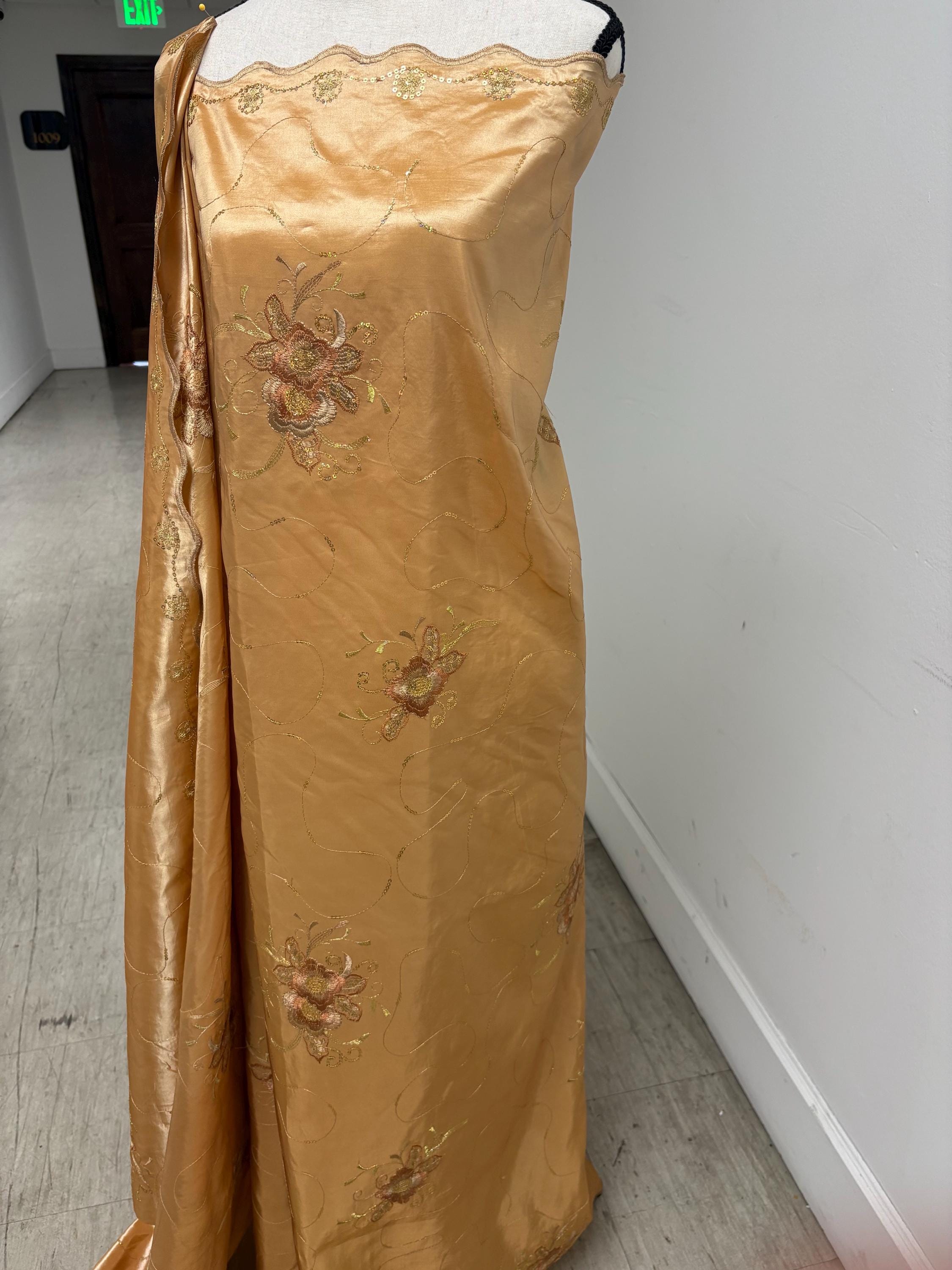 Embroidery sequins Taffeta Fabric Design Bouquet , A Two yards cut fabric color Gold width 54". sell by 2 yards increment continues.