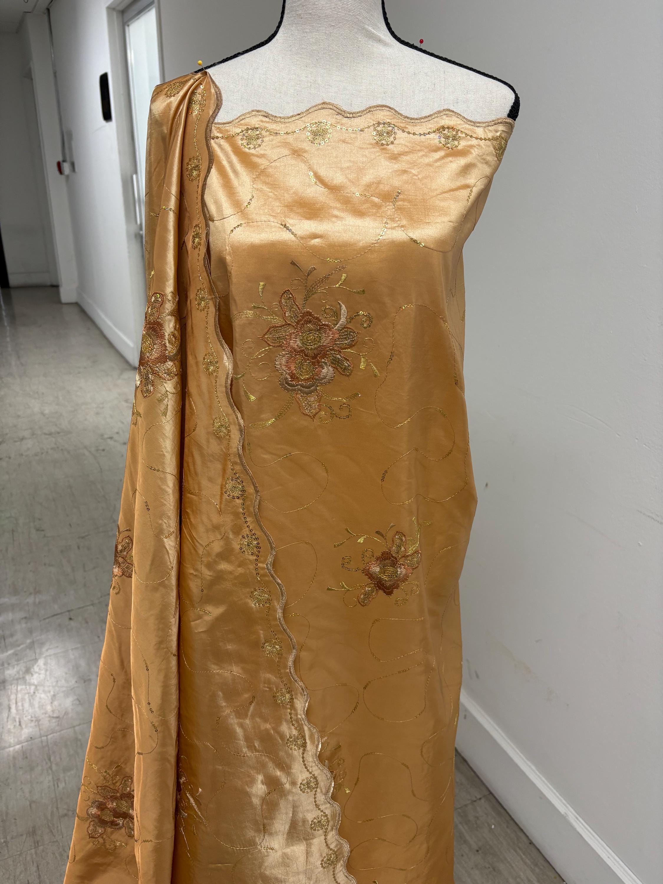 Embroidery sequins Taffeta Fabric Design Bouquet , A Two yards cut fabric color Gold width 54". sell by 2 yards increment continues.