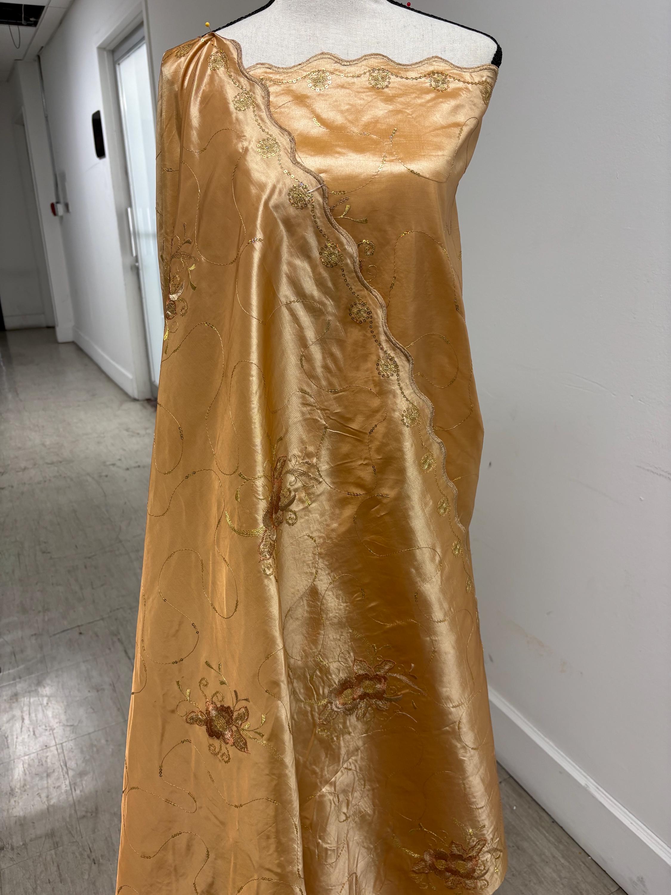 Embroidery sequins Taffeta Fabric Design Bouquet , A Two yards cut fabric color Gold width 54". sell by 2 yards increment continues.