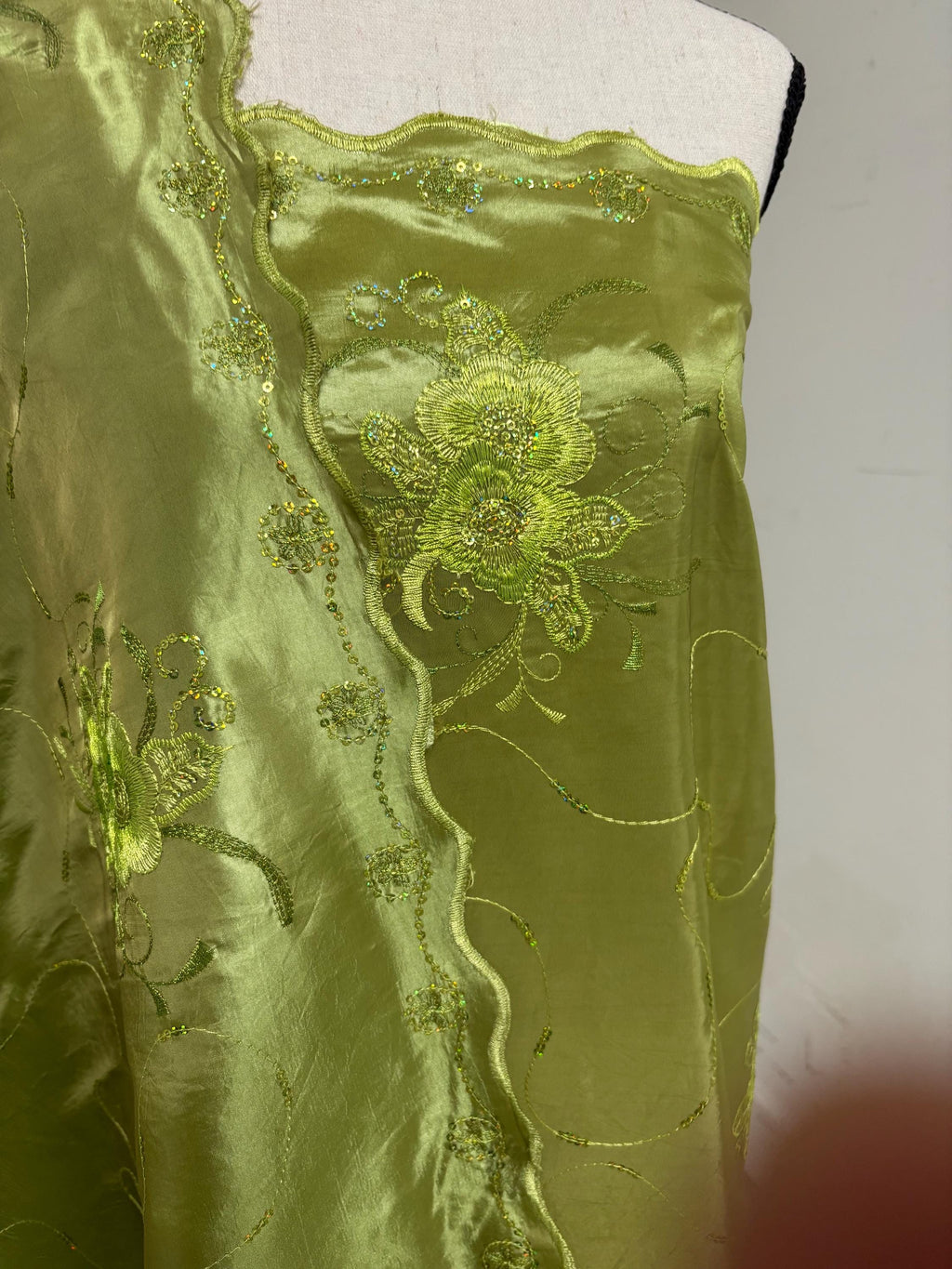 A 2 yards Embroidery sequins Taffeta Fabric Design Bouquet, color Olive width 54". sell by 2 yards increment continues.
