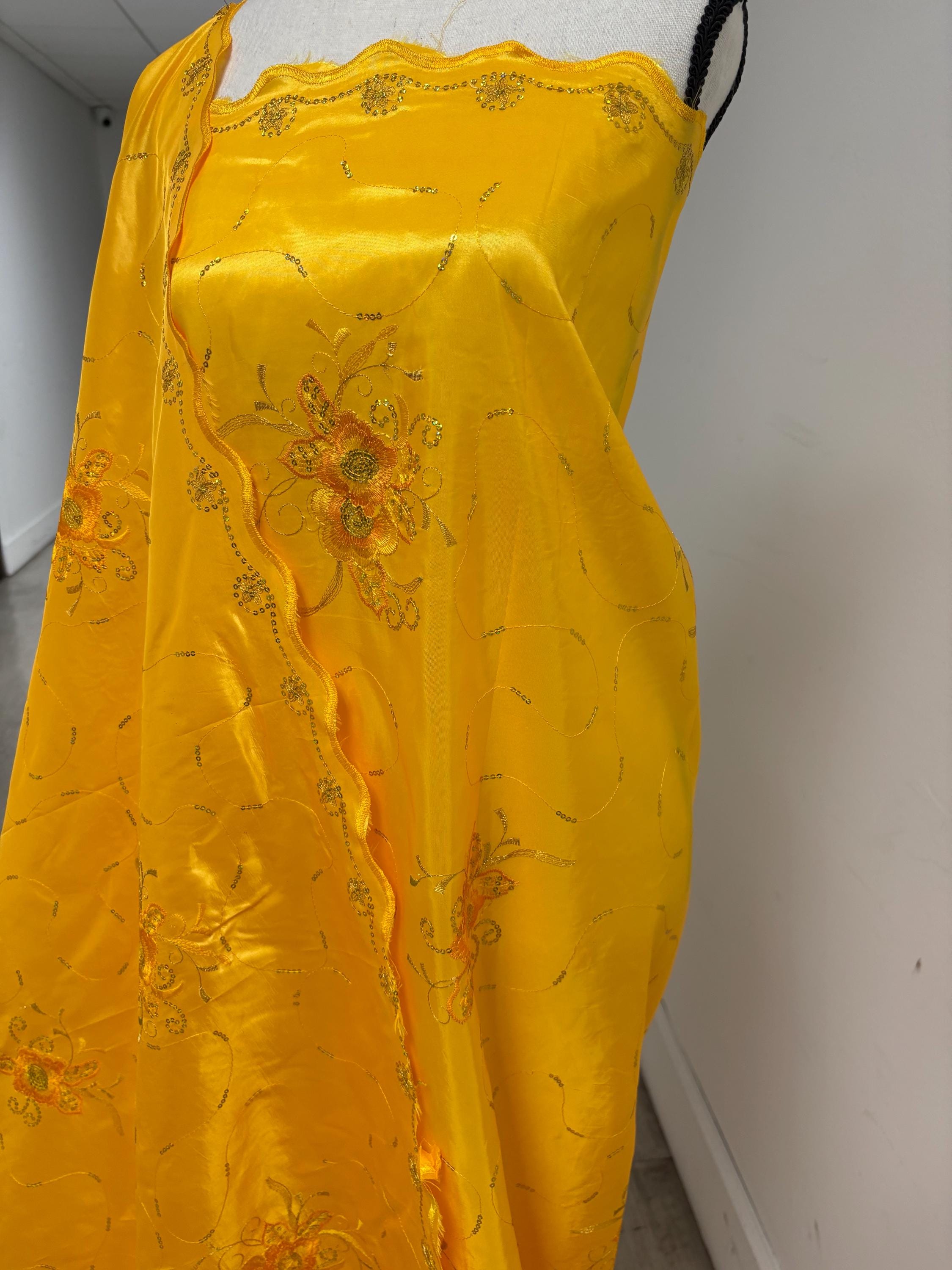 A 2 yards Embroidery sequins Taffeta Fabric design Bouquet, color Golden Yellow width 54". sell by 2 yards increment continues.