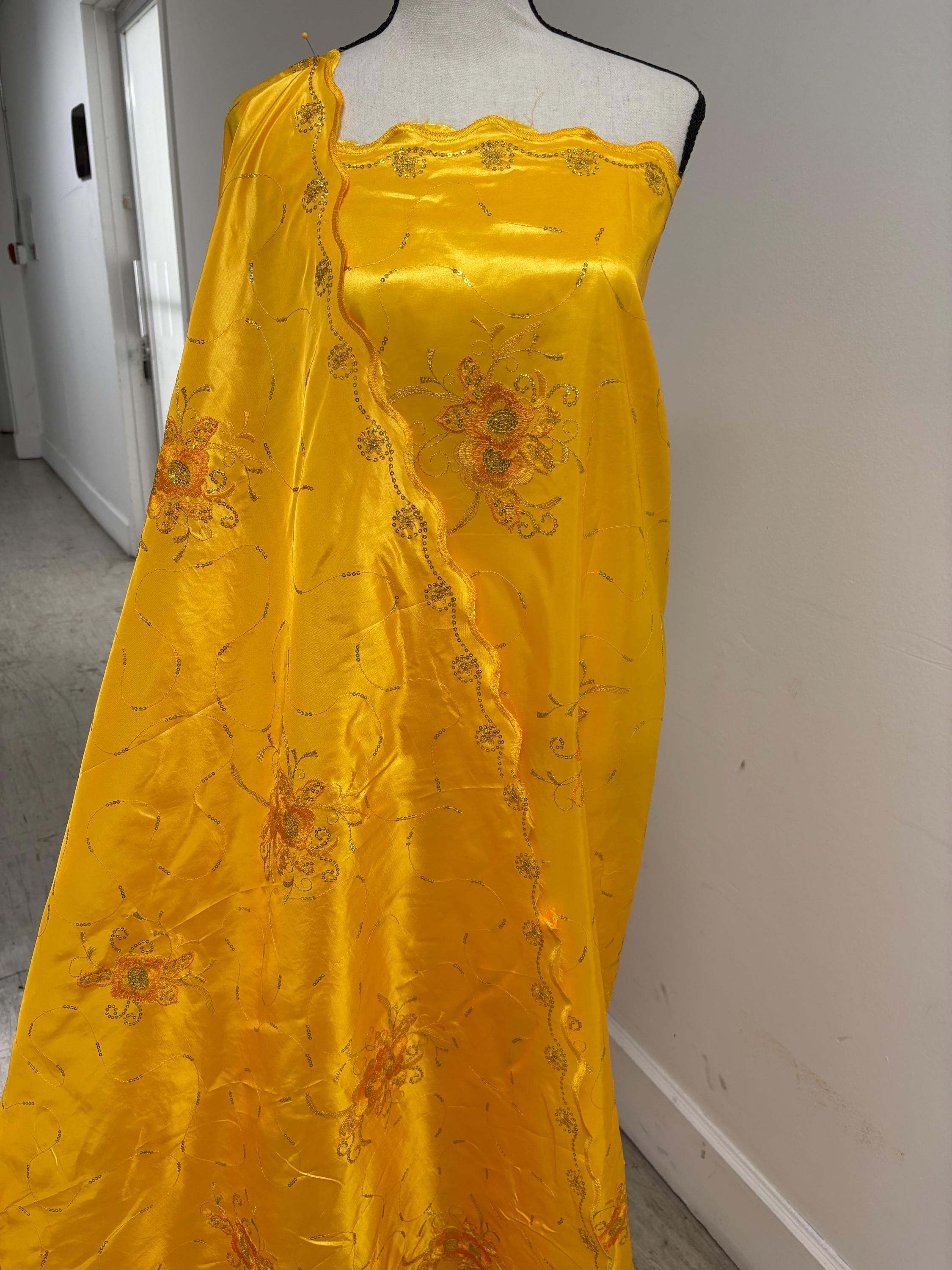 A 2 yards Embroidery sequins Taffeta Fabric design Bouquet, color Golden Yellow width 54". sell by 2 yards increment continues.