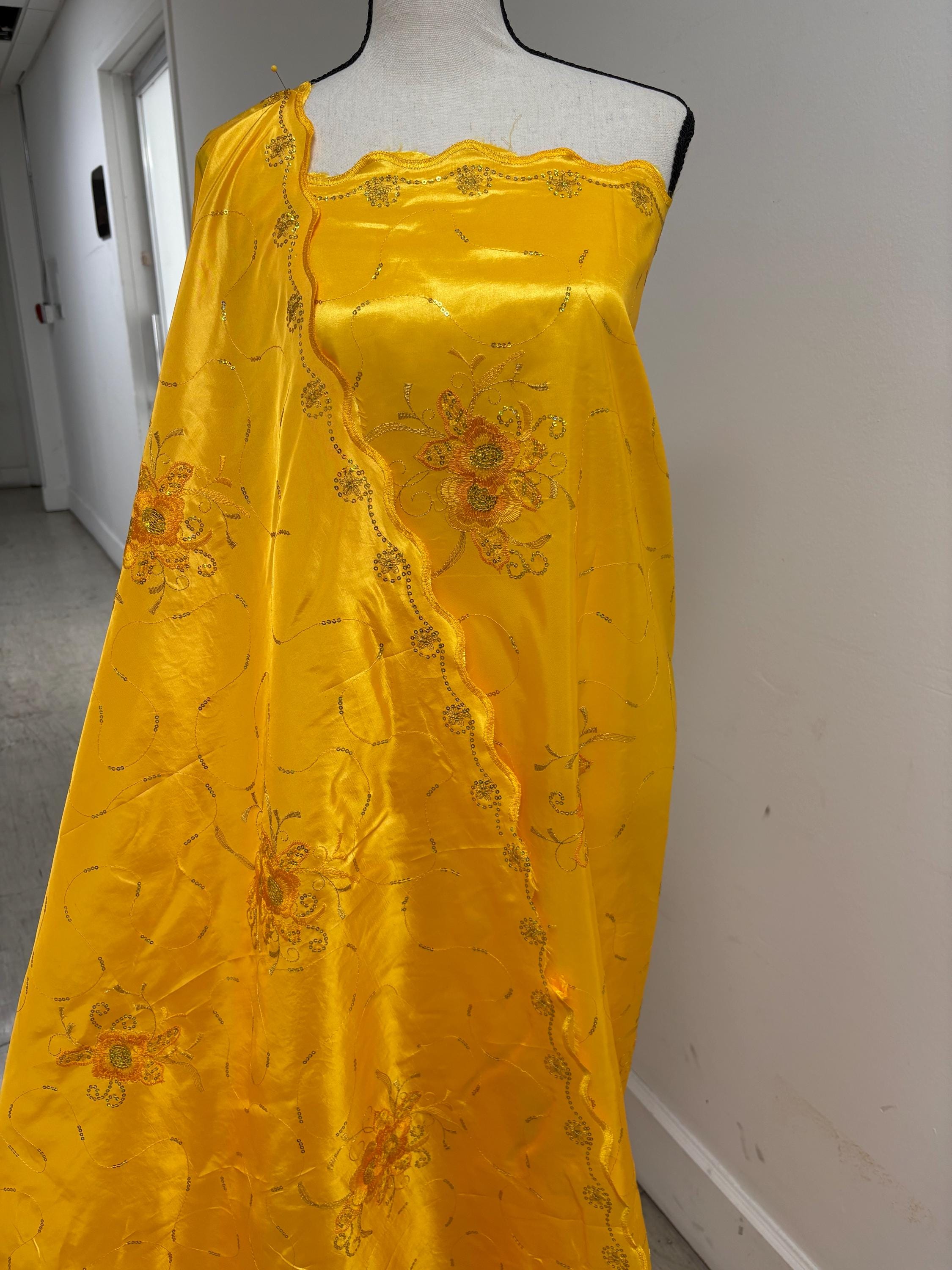 A 2 yards Embroidery sequins Taffeta Fabric design Bouquet, color Golden Yellow width 54". sell by 2 yards increment continues.