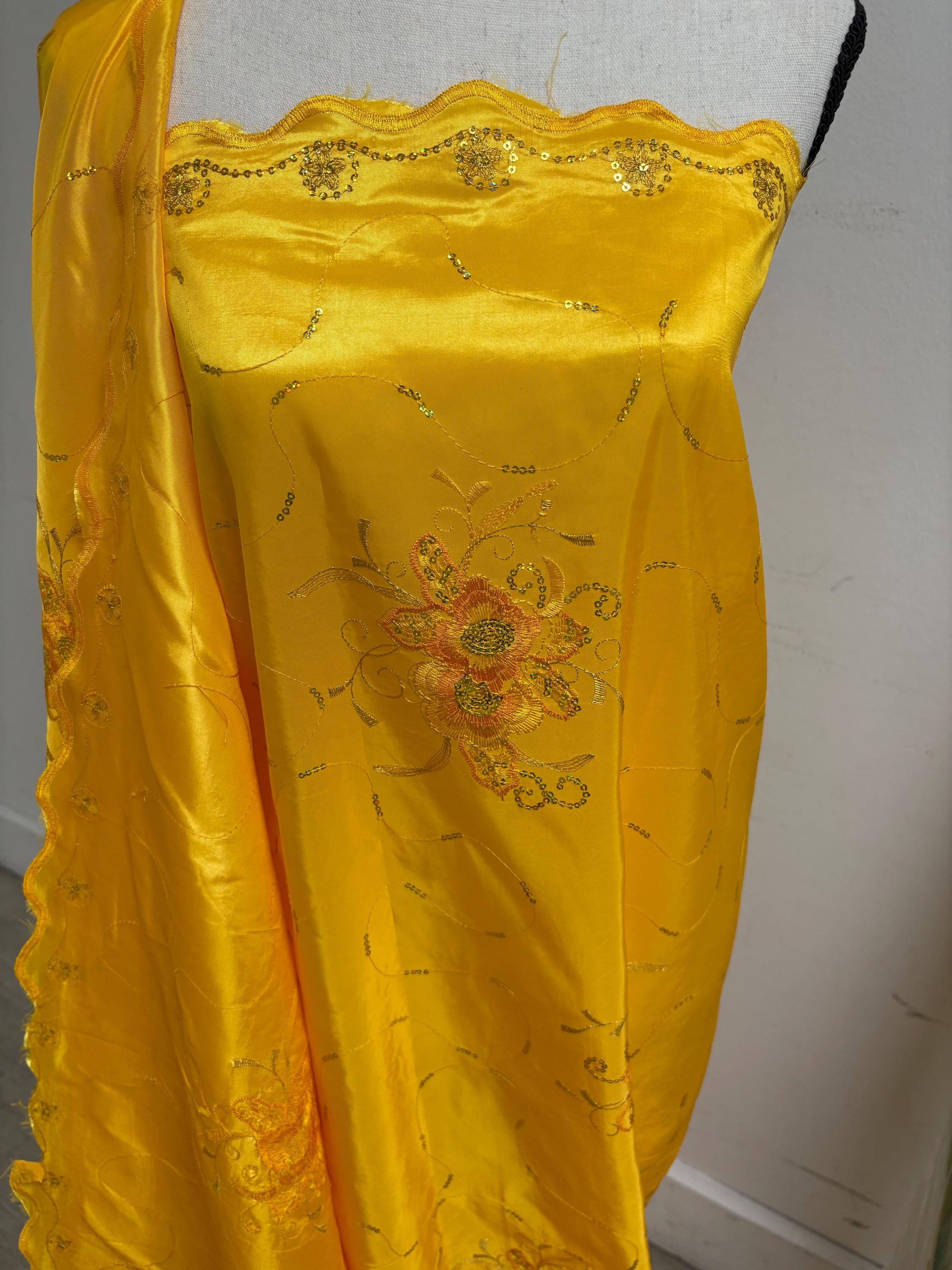 A 2 yards Embroidery sequins Taffeta Fabric design Bouquet, color Golden Yellow width 54". sell by 2 yards increment continues.