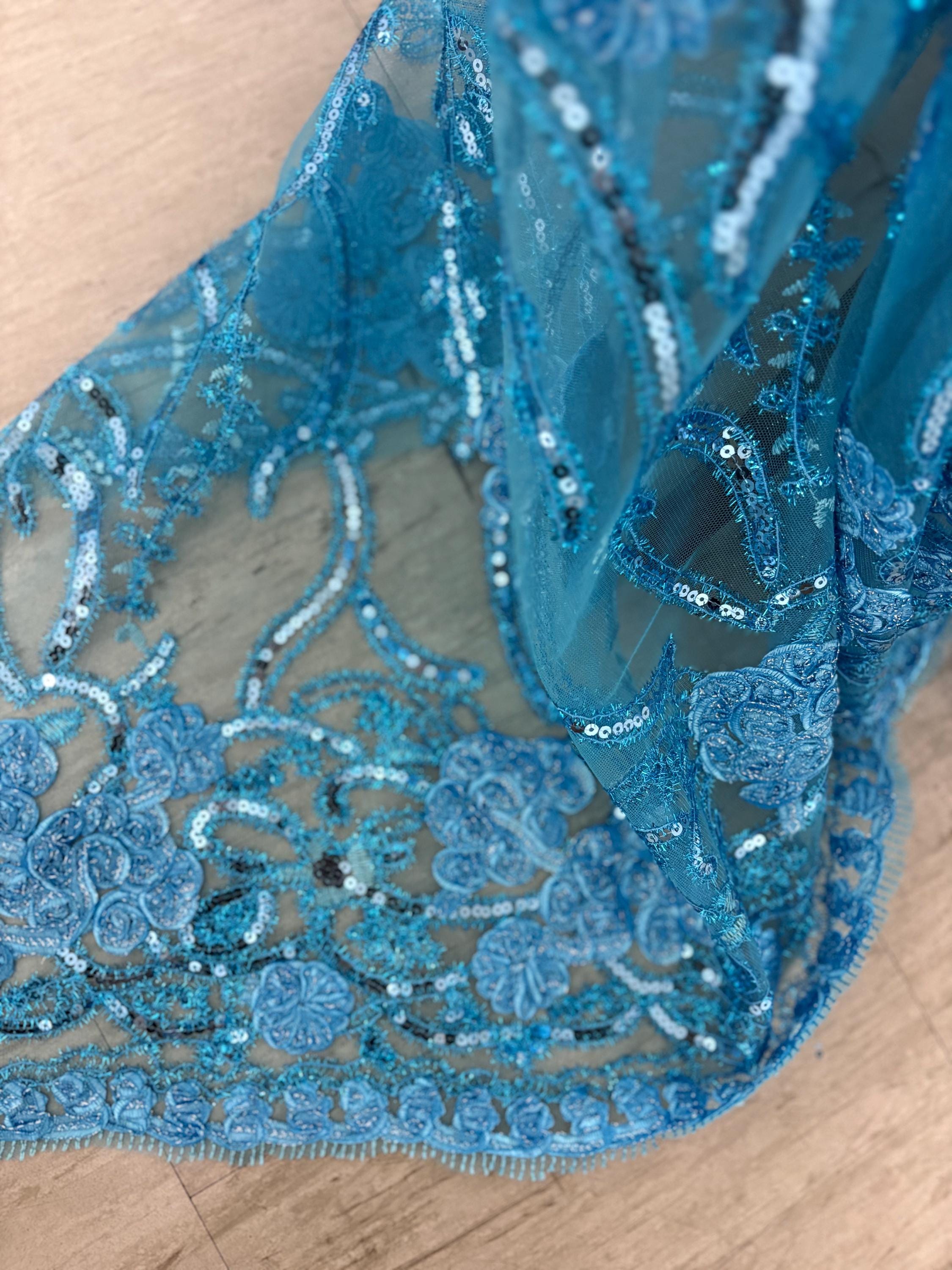 Lace design: WEDDING, Color Turquoise Double scalloped sequins Embroidery width 49/50"