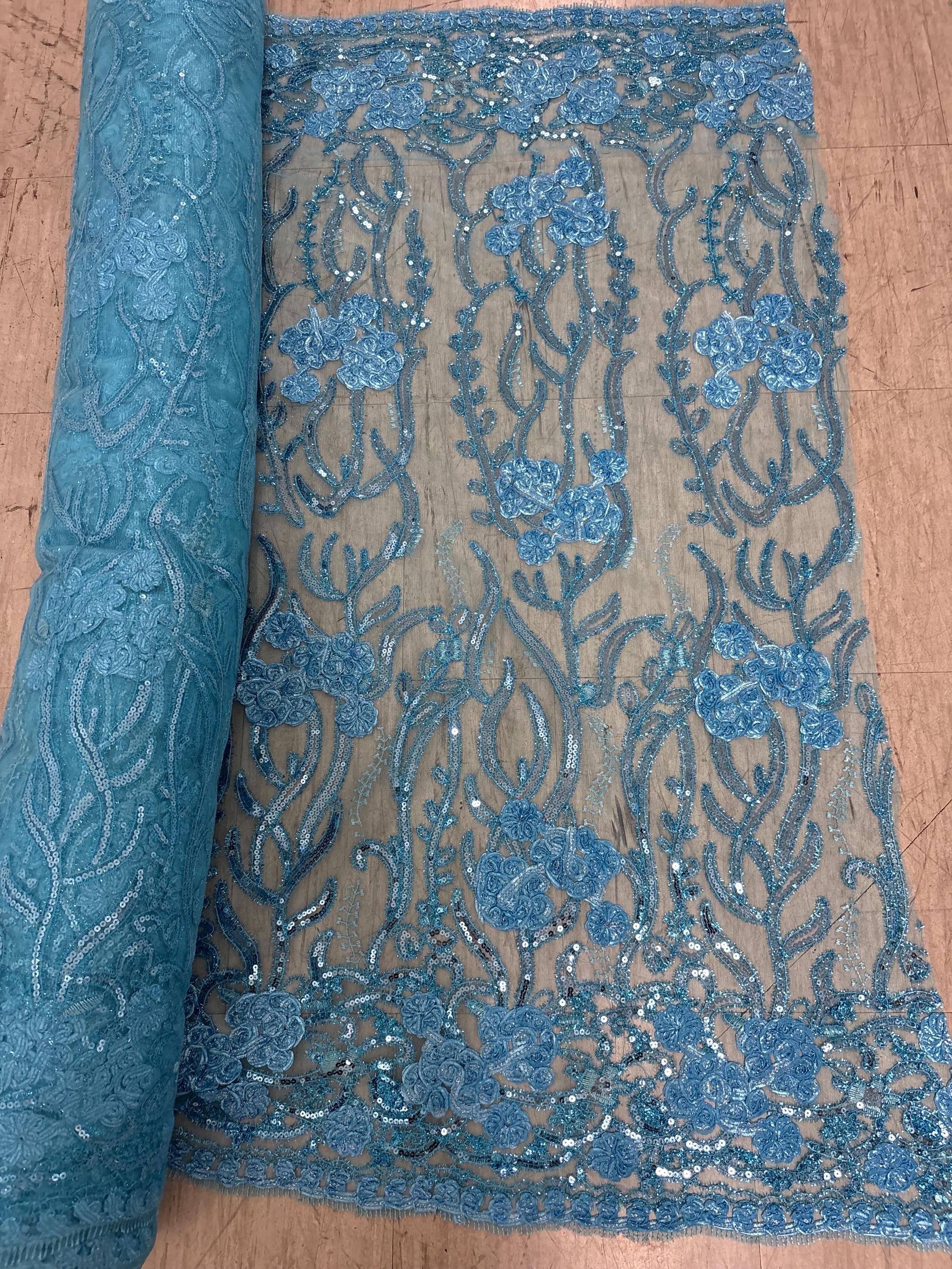 Lace design: WEDDING, Color Turquoise Double scalloped sequins Embroidery width 49/50"