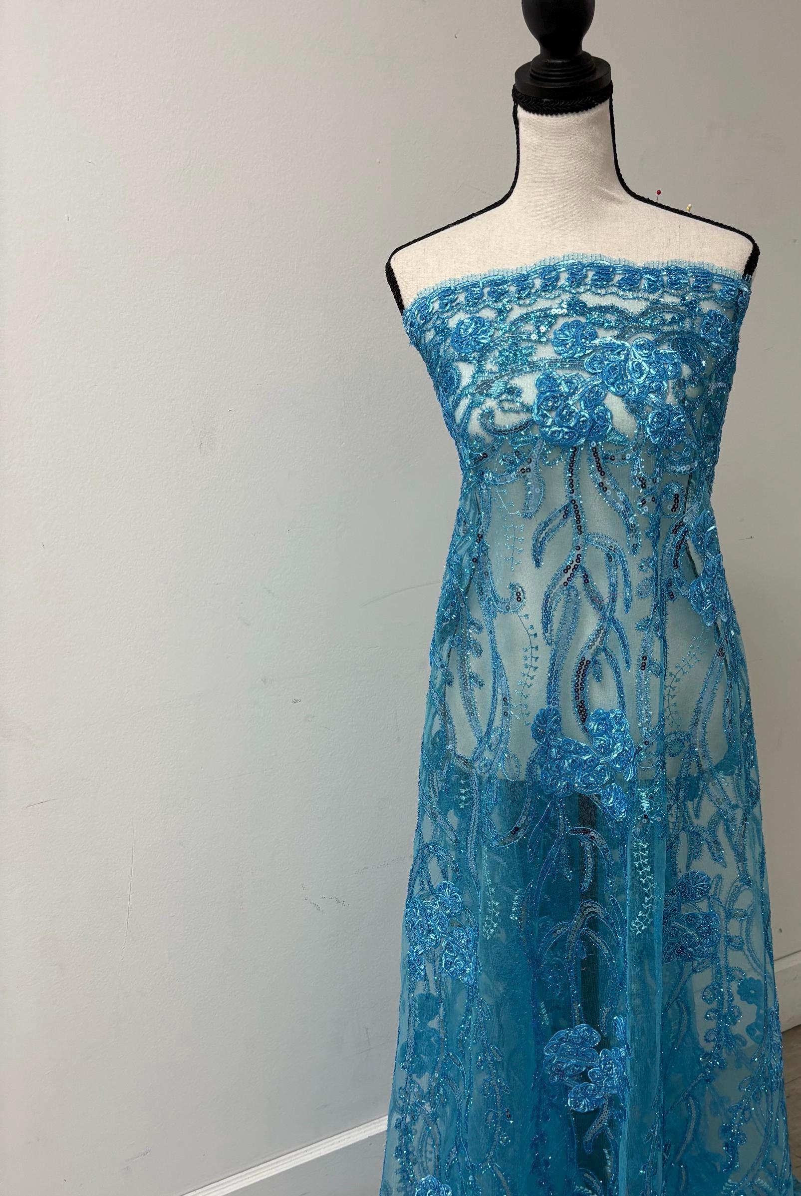 Lace design: WEDDING, Color Turquoise Double scalloped sequins Embroidery width 49/50"