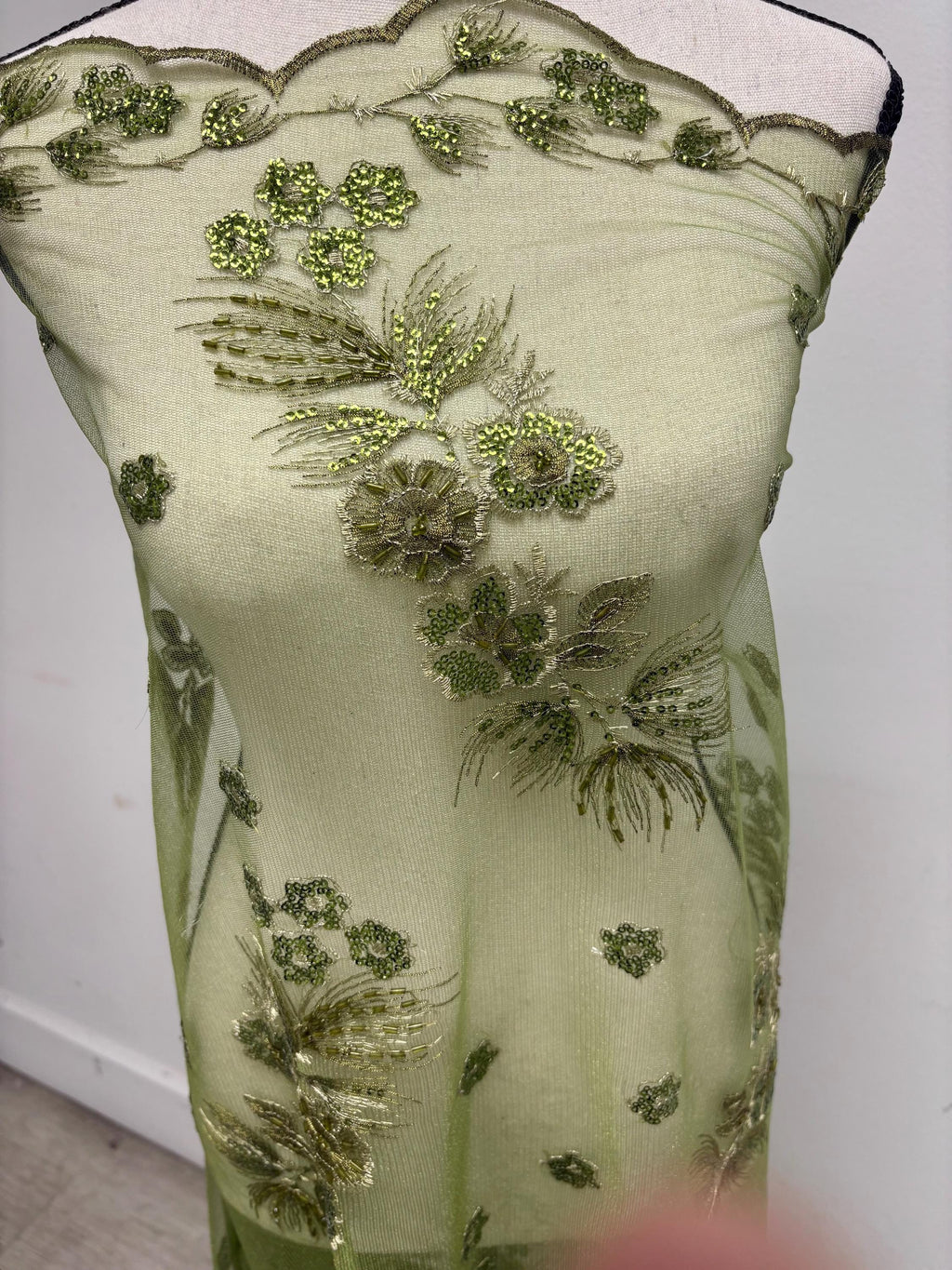 3-yard Olive-colored lace fabric design ZD08088, sequins, embroidery double scalloped edges. Width 49/50". sell by 3 yards increment.