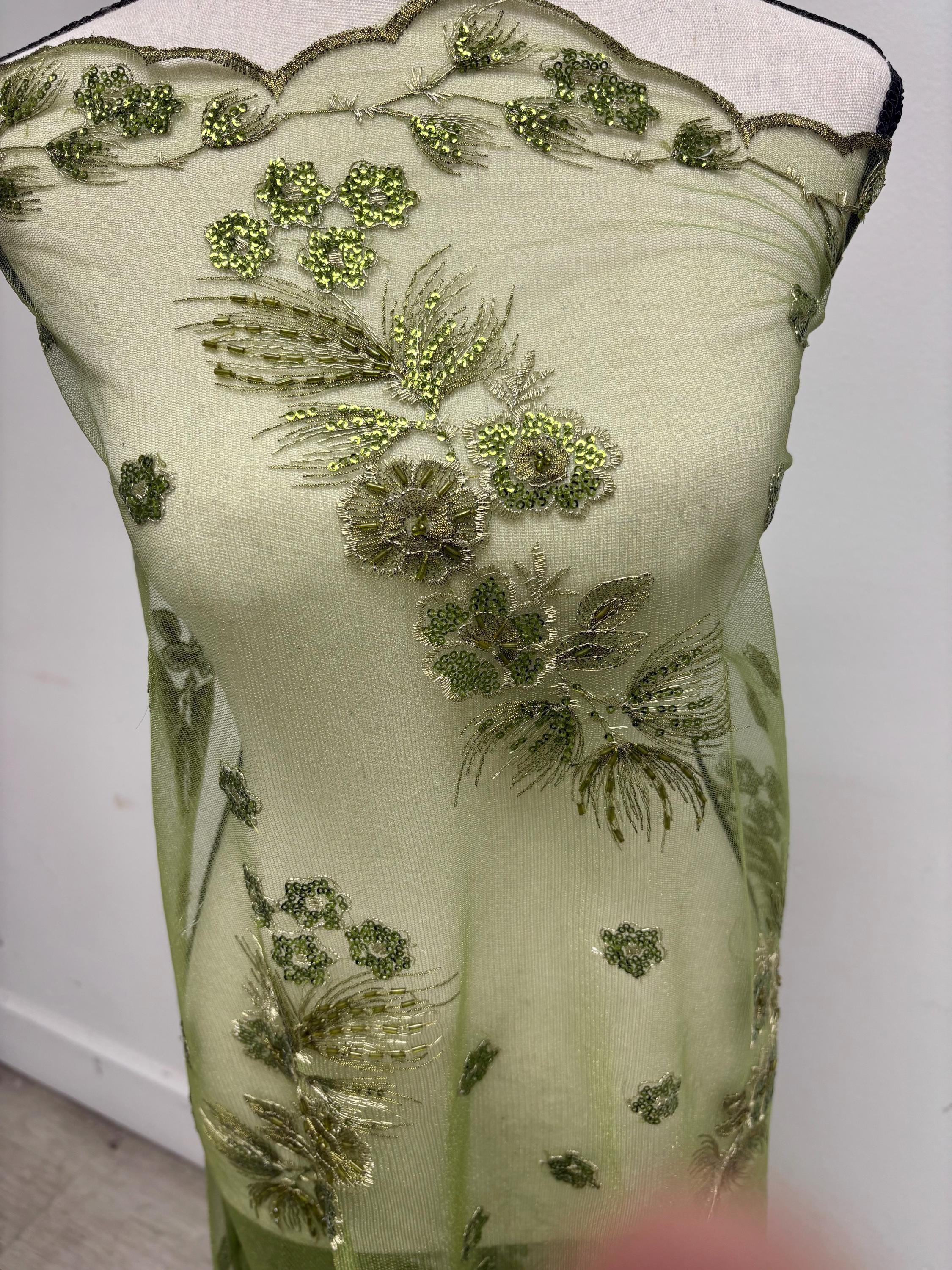 3-yard Olive-colored lace fabric design ZD08088, sequins, embroidery double scalloped edges. Width 49/50". sell by 3 yards increment.