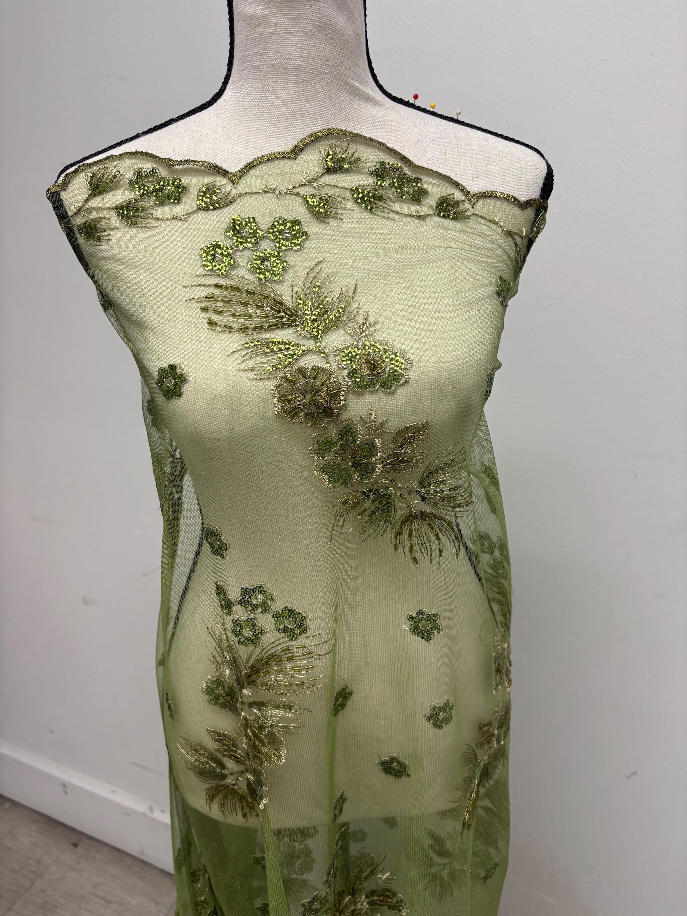 3-yard Olive-colored lace fabric design ZD08088, sequins, embroidery double scalloped edges. Width 49/50". sell by 3 yards increment.