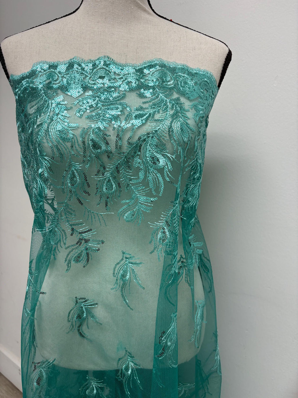 A 3-yard lace fabric design Peacock yx94-2, sequins, embroidery double scalloped edges. Width 49/50". sell by 3 yards increment continuous.