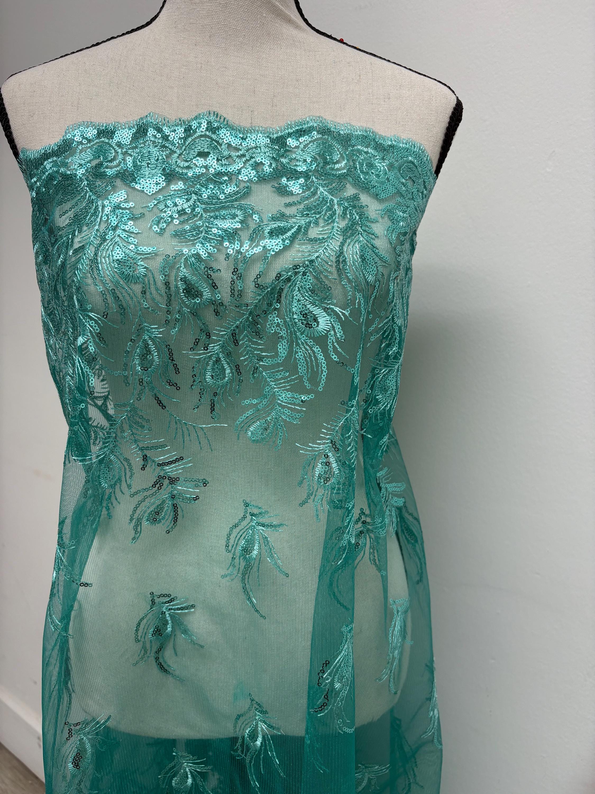 A 3-yard lace fabric design Peacock yx94-2, sequins, embroidery double scalloped edges. Width 49/50". sell by 3 yards increment continuous.