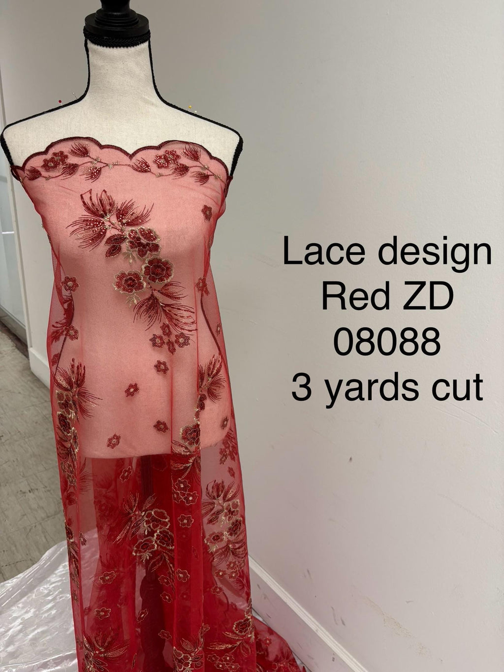 3-yard Red-colored lace fabric design ZD08088, sequins, embroidery double scalloped edges. Width 49/50". sell by 3 yards increment.