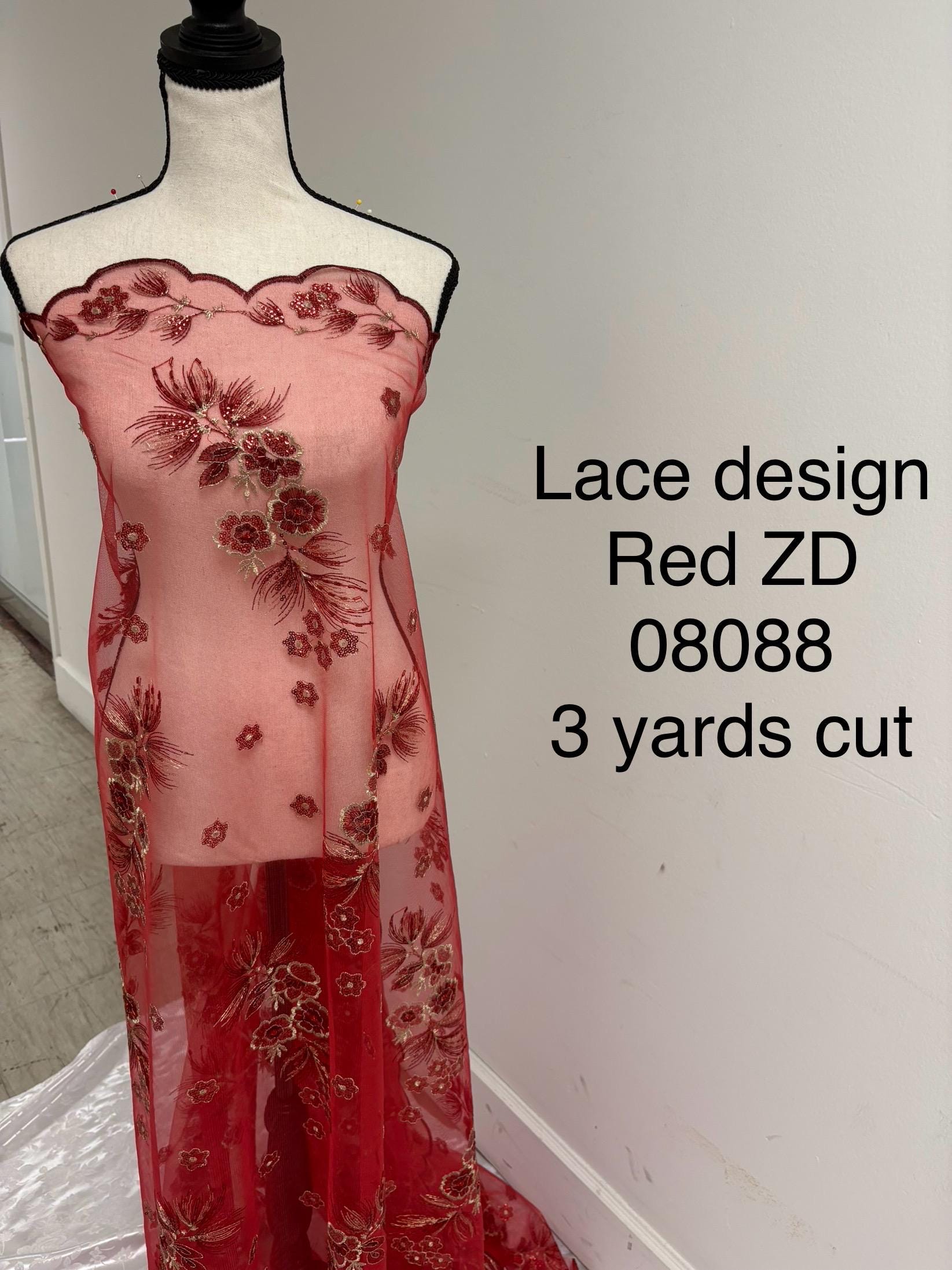 3-yard Red-colored lace fabric design ZD08088, sequins, embroidery double scalloped edges. Width 49/50". sell by 3 yards increment.