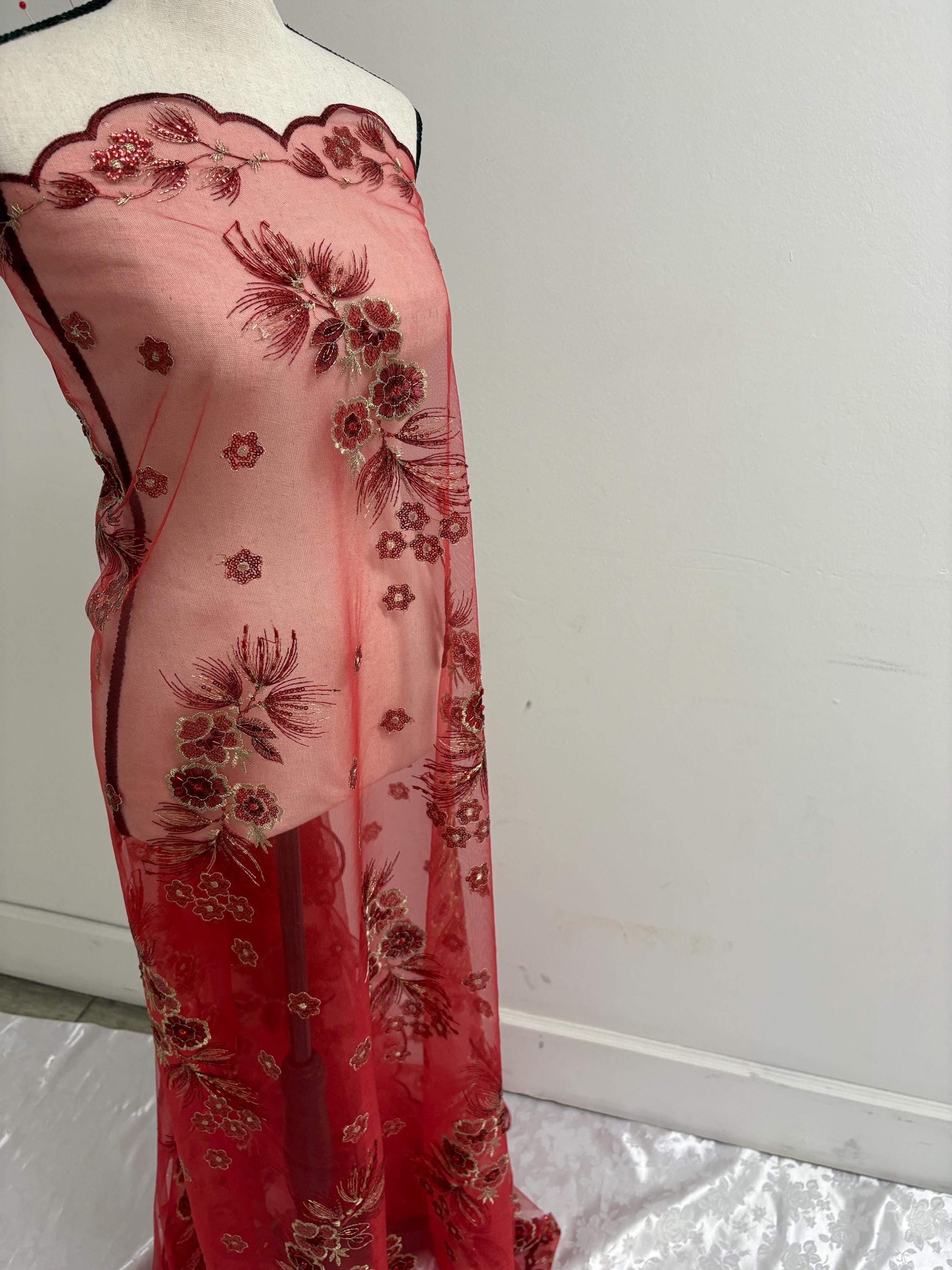 3-yard Red-colored lace fabric design ZD08088, sequins, embroidery double scalloped edges. Width 49/50". sell by 3 yards increment.
