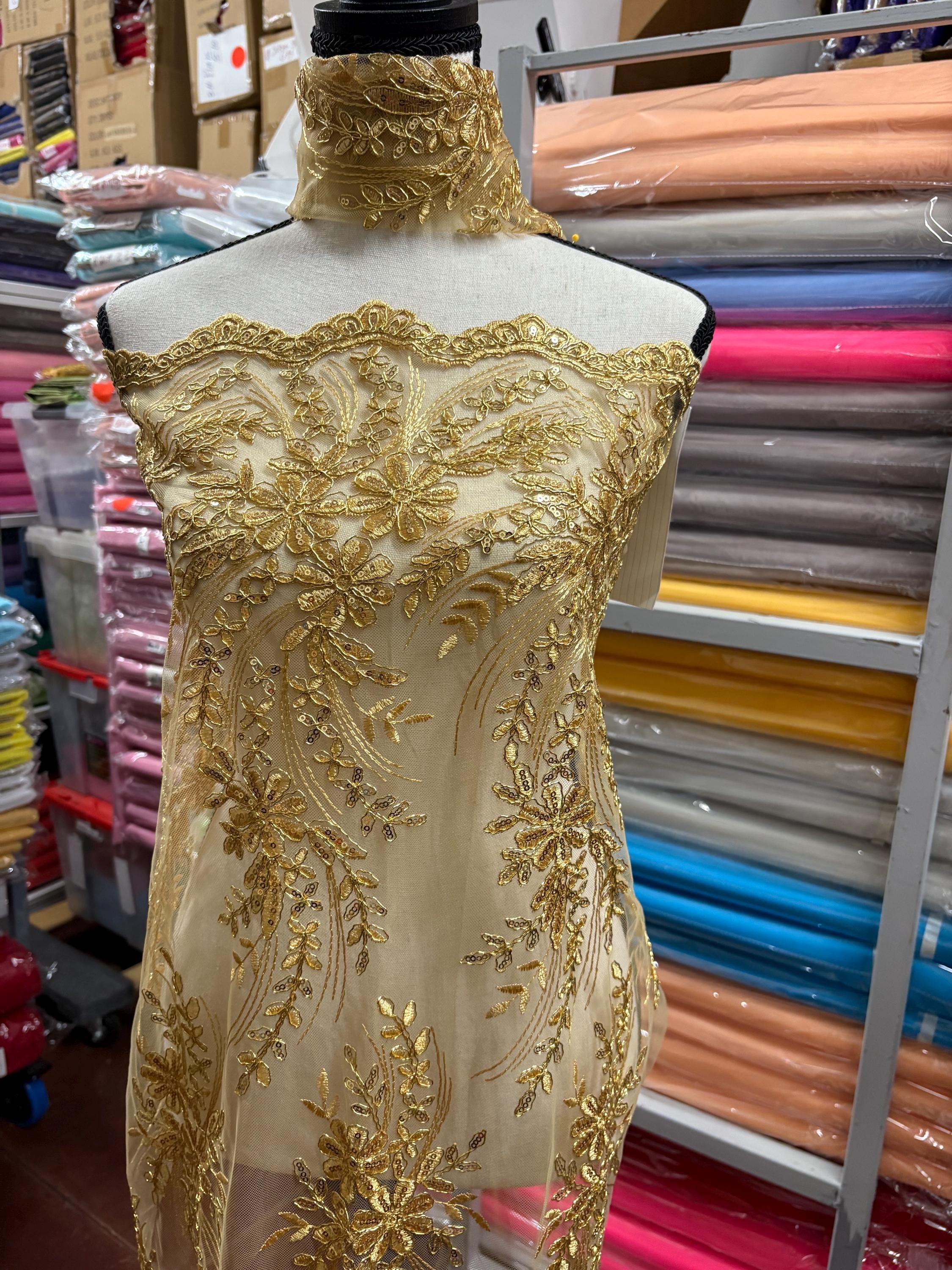 Gold color Lace sell by yard desin 1081 49/50" width Embroidery metallic sequins double scalloped Lace.