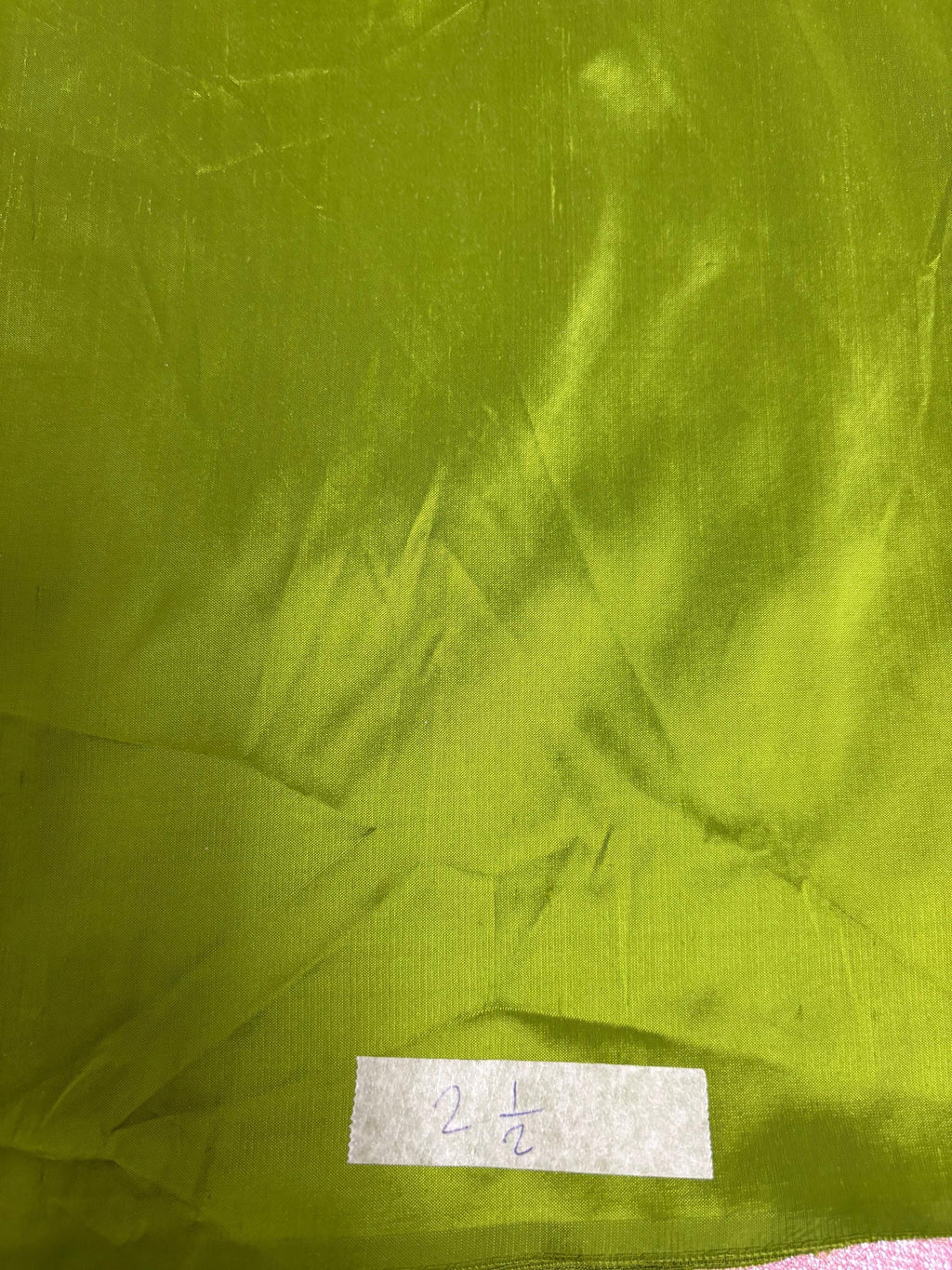 100% silk Dupioni Taffeta width 54" color is Lt.Olive. Machine made, fabric has slubs. Item # 4. free sample.