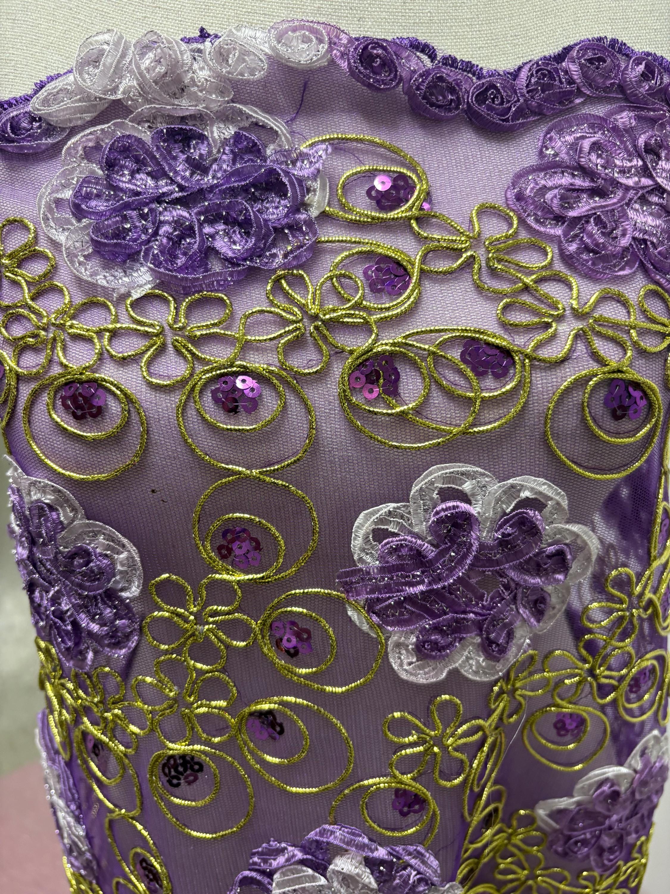 3-yard Lace ribbon corded double scalloped. Width 49/50". Color Purple sell by 3 yards increment continues.