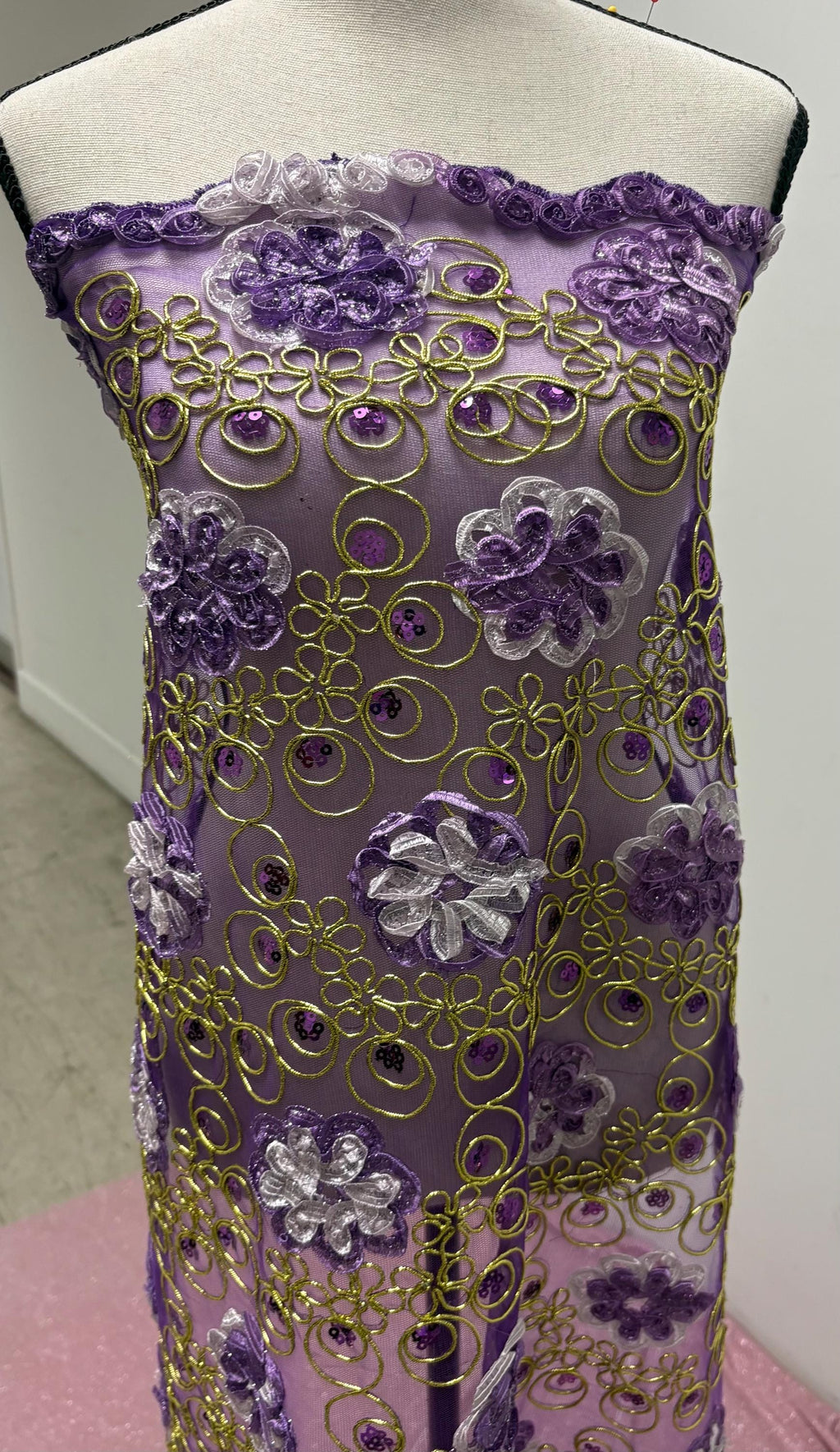 3-yard Lace ribbon corded double scalloped. Width 49/50". Color Purple sell by 3 yards increment continues.