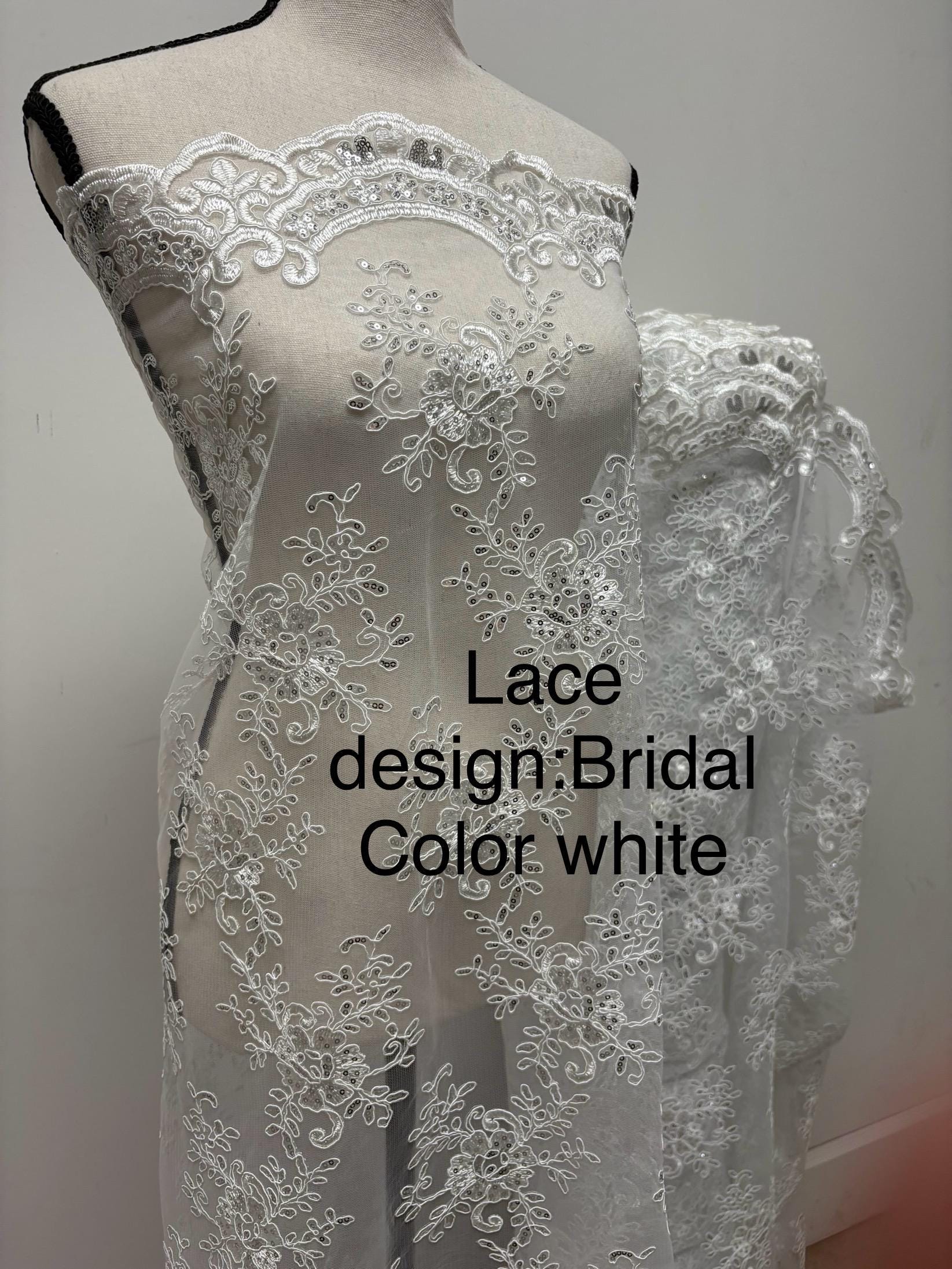 Bridal Lace White color, sequins, embroidery double scalloped edges. Width 49/50". tela de encaje de color blanco