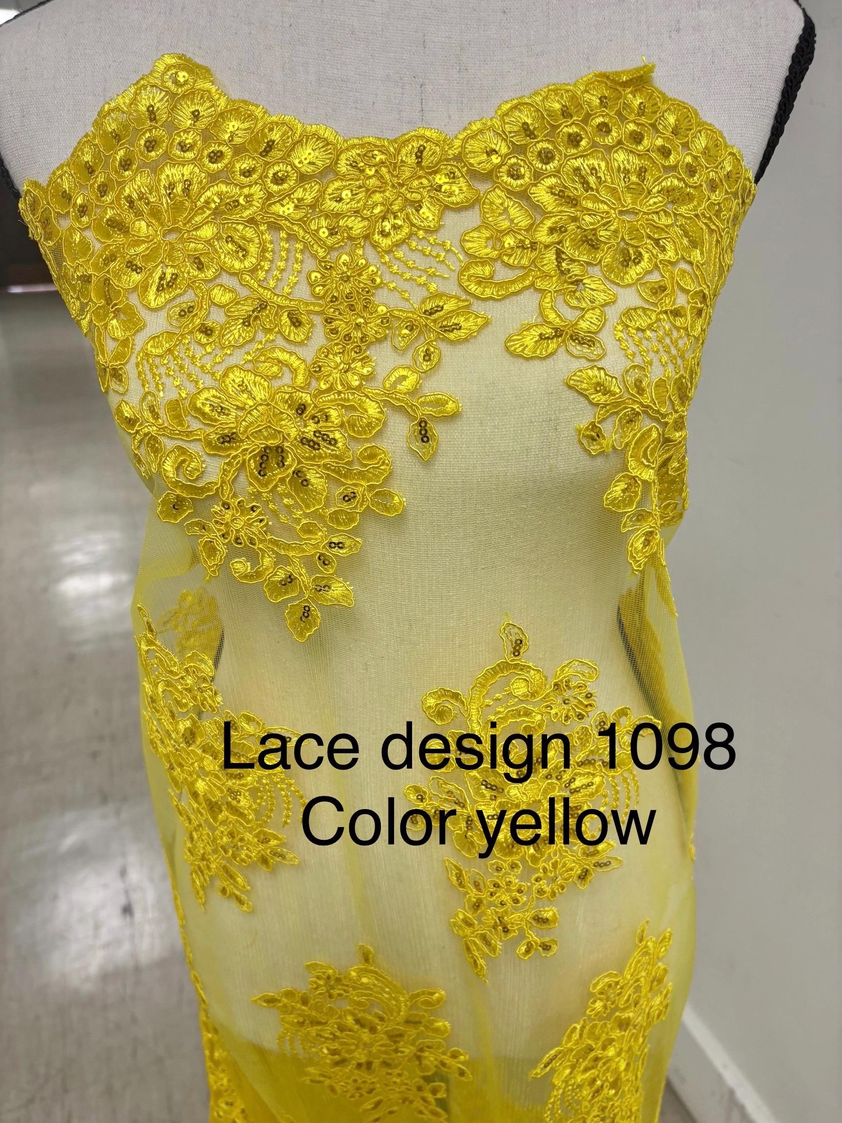 A 2 yards cut Lace color Yellow. Double scalloped sequence embroidered width 49/50 inches. condition. sell by 2 yards cut continues. 1098Nas