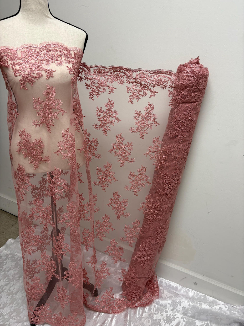 Dusty rose Lace fabric design 4357 double scalloped embroidery width 49/50".100% polyester. free sample.