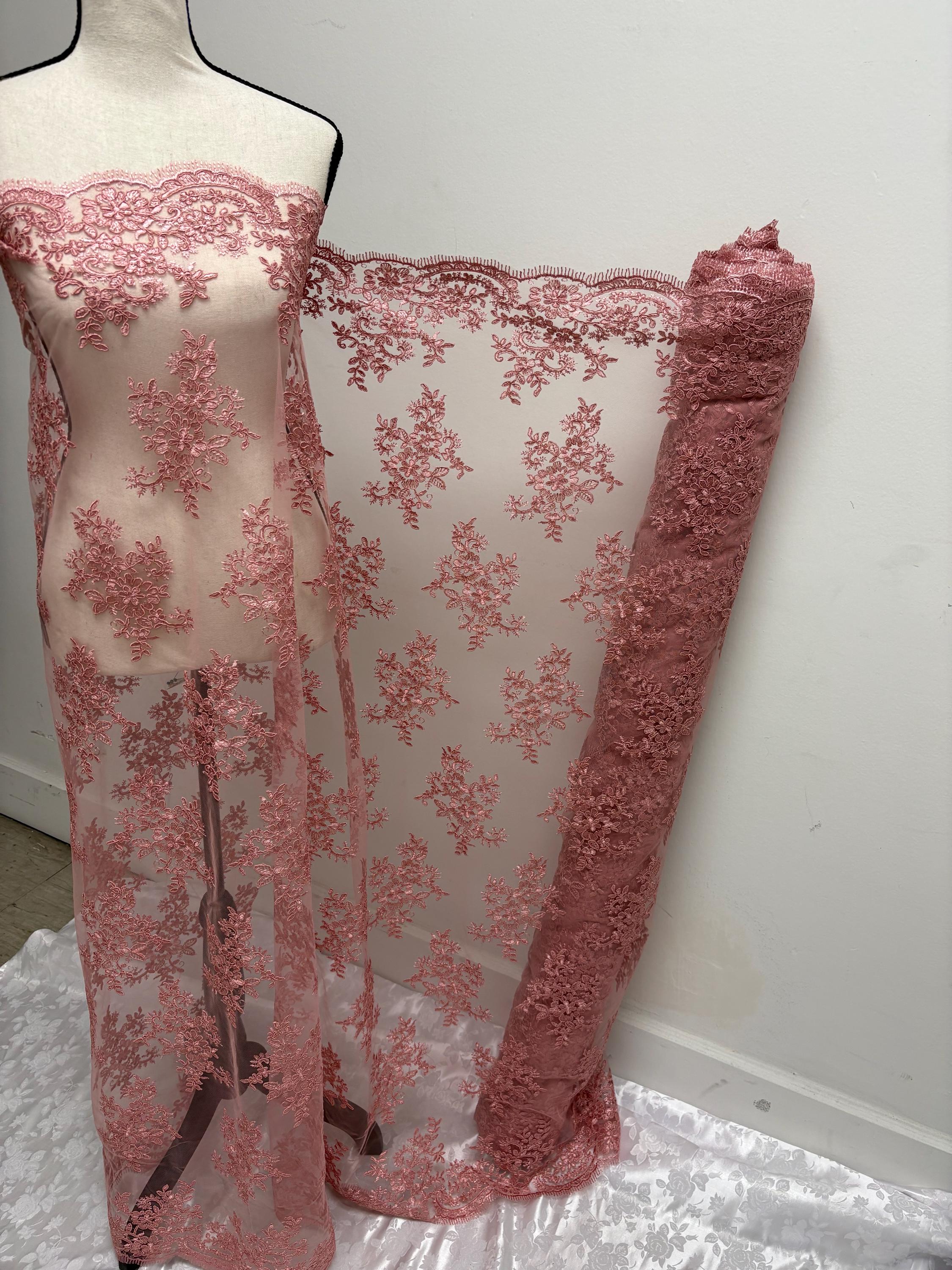 Dusty rose Lace fabric design 4357 double scalloped embroidery width 49/50".100% polyester. free sample.