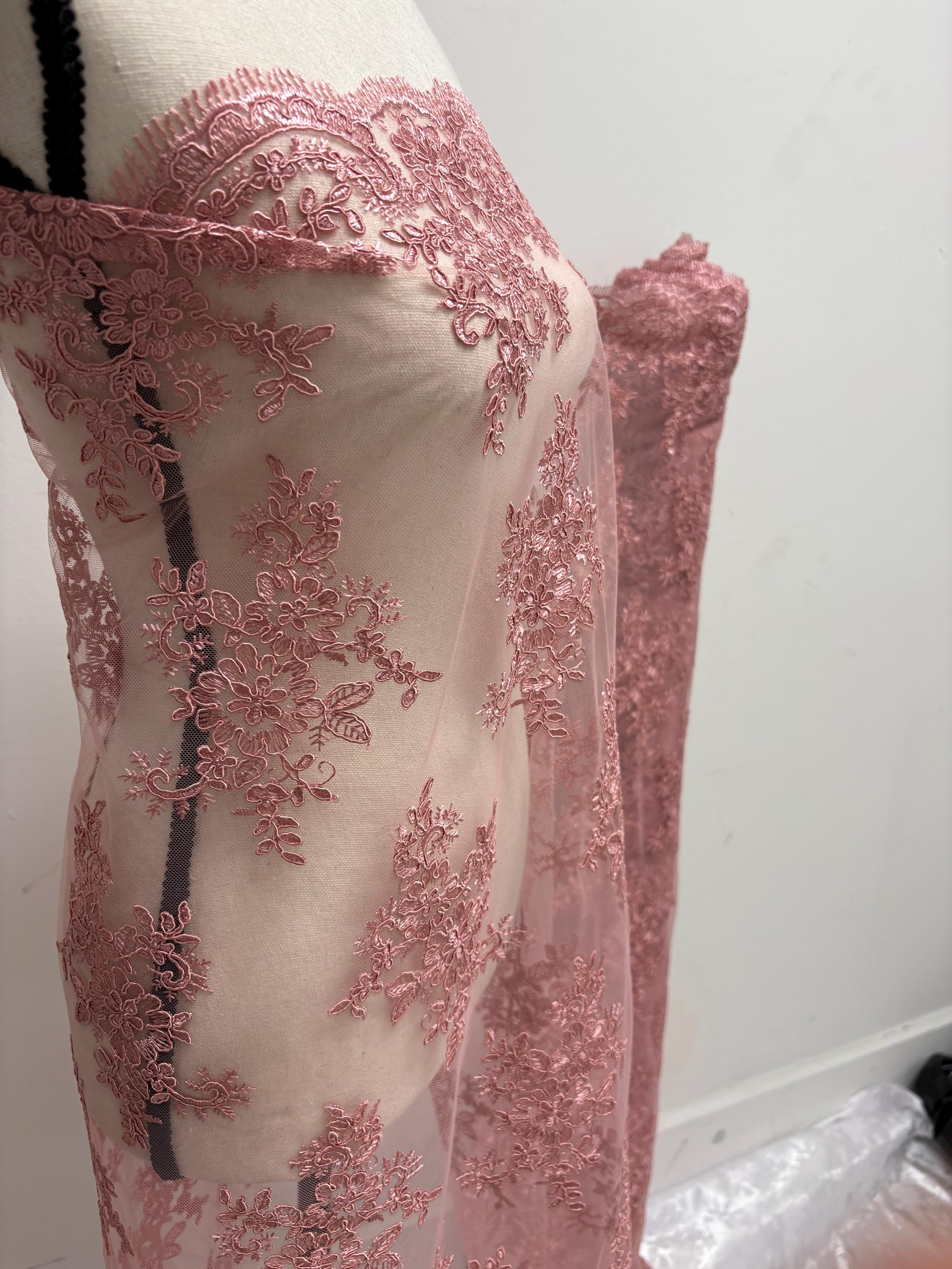 Dusty rose Lace fabric design 4357 double scalloped embroidery width 49/50".100% polyester. free sample.