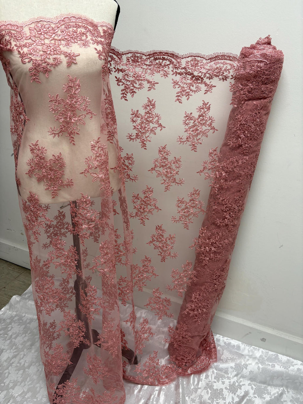 Dusty rose Lace fabric design 4357 double scalloped embroidery width 49/50".100% polyester. free sample.