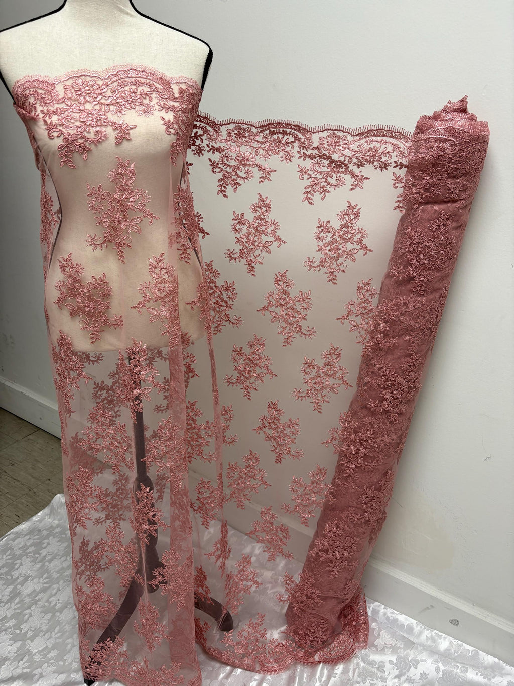 Dusty rose Lace fabric design 4357 double scalloped embroidery width 49/50".100% polyester. free sample.