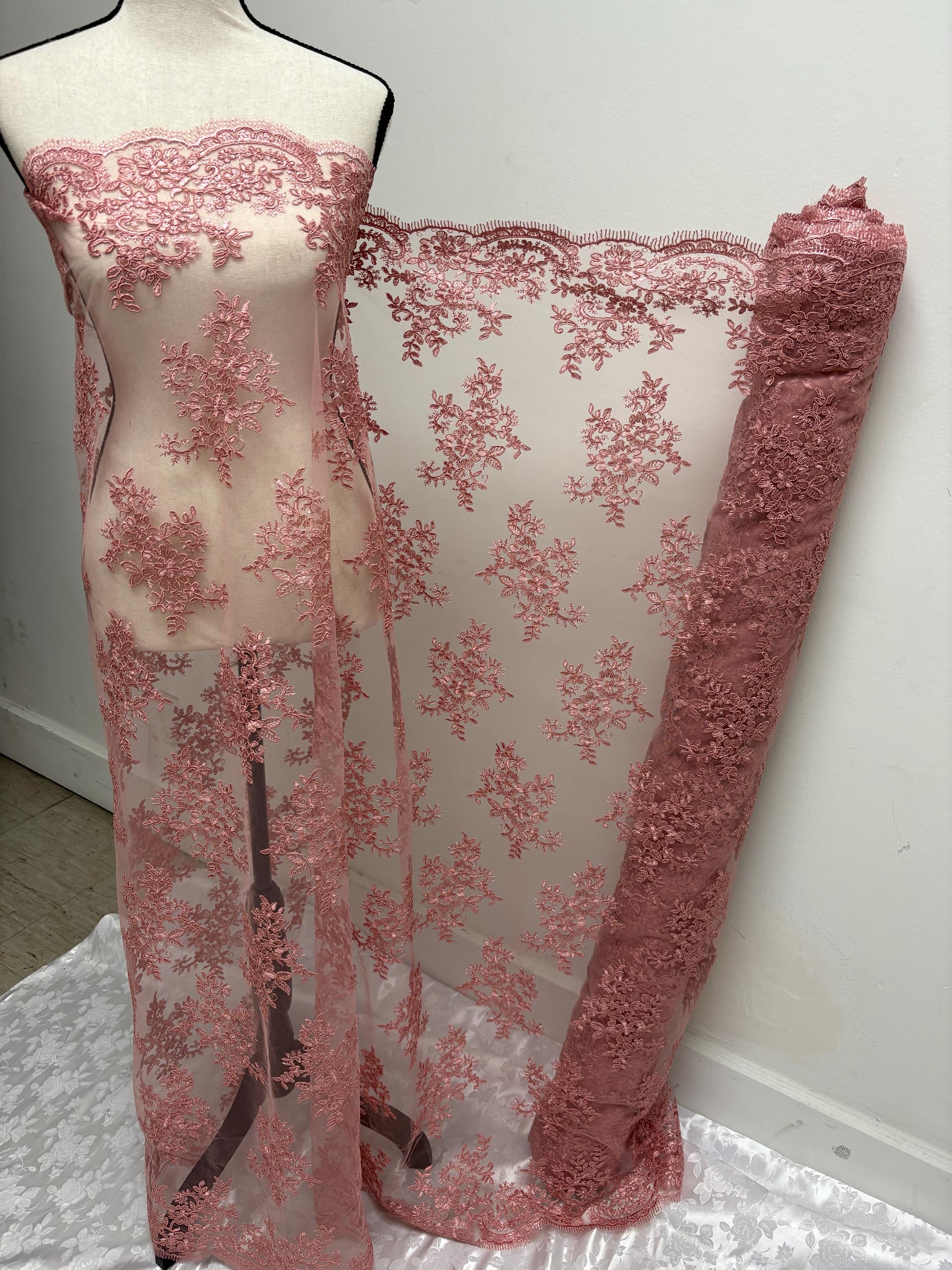 Dusty rose Lace fabric design 4357 double scalloped embroidery width 49/50".100% polyester. free sample.