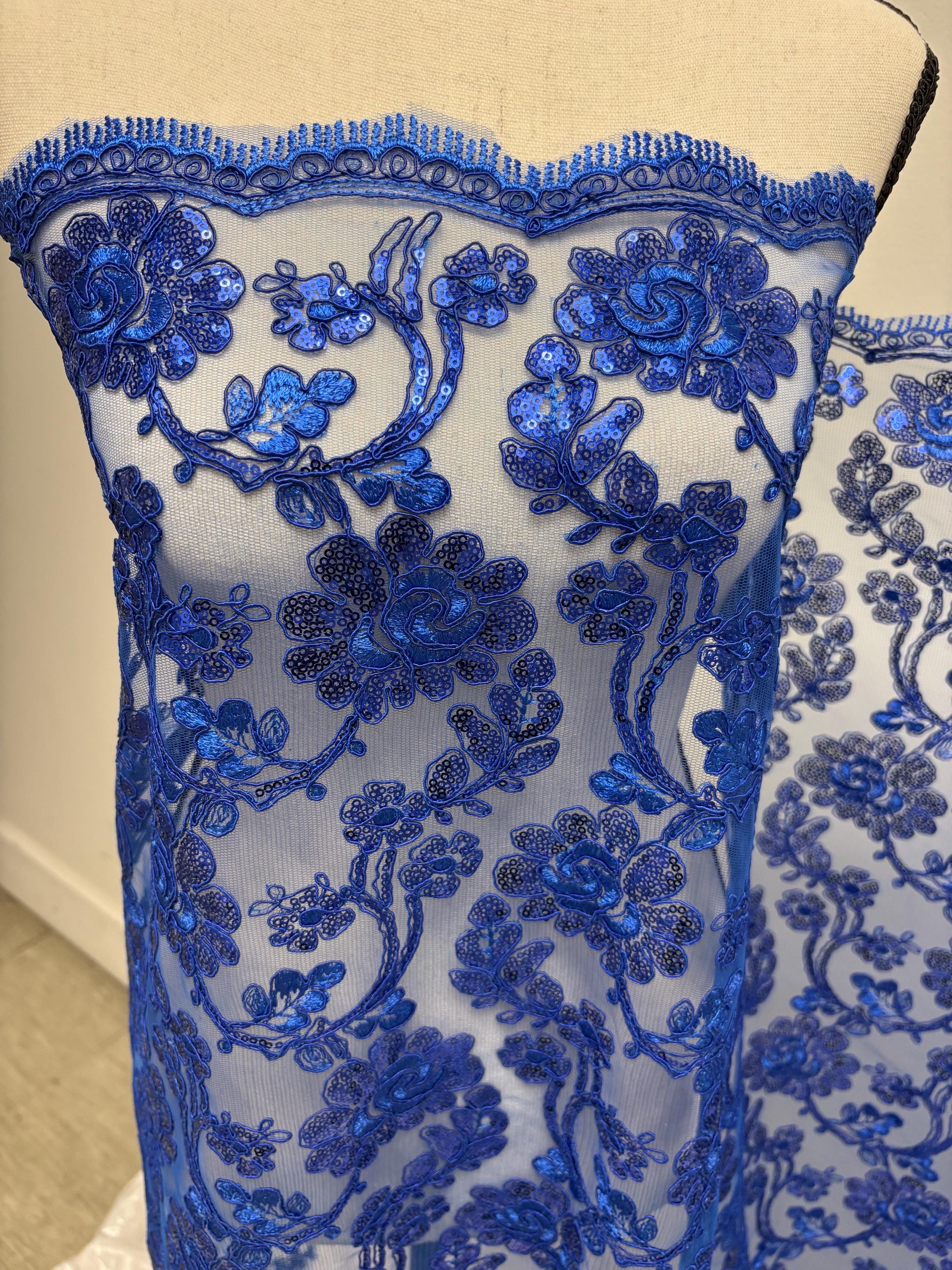 Royal Blue Lace fabric design 5397, double scalloped sequins embroidery color width 49/50".