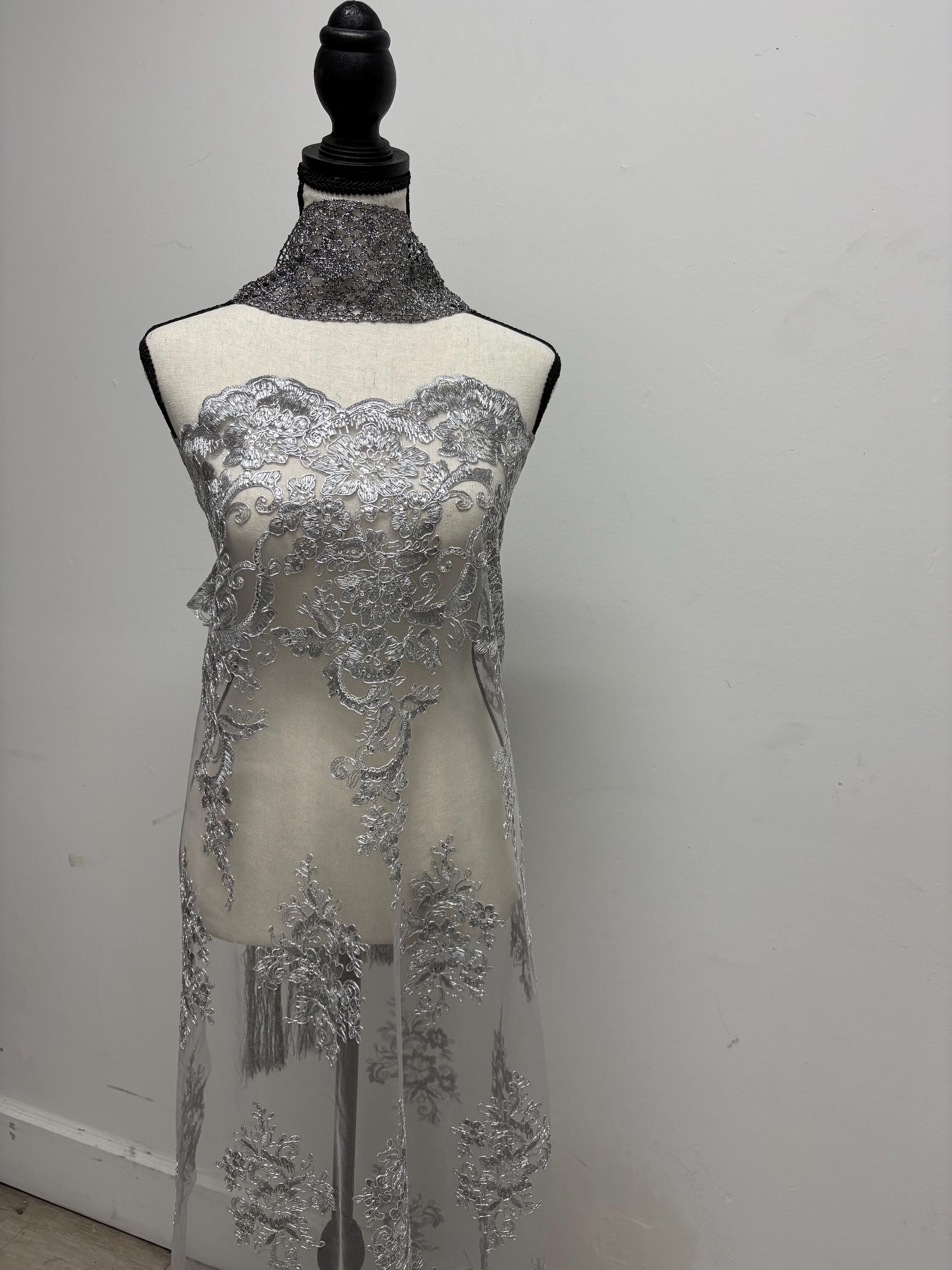 Lace Design#US50 color grey width 49/50 inches, Double scalloped Sequence Embroidery. 49/50". free sample.