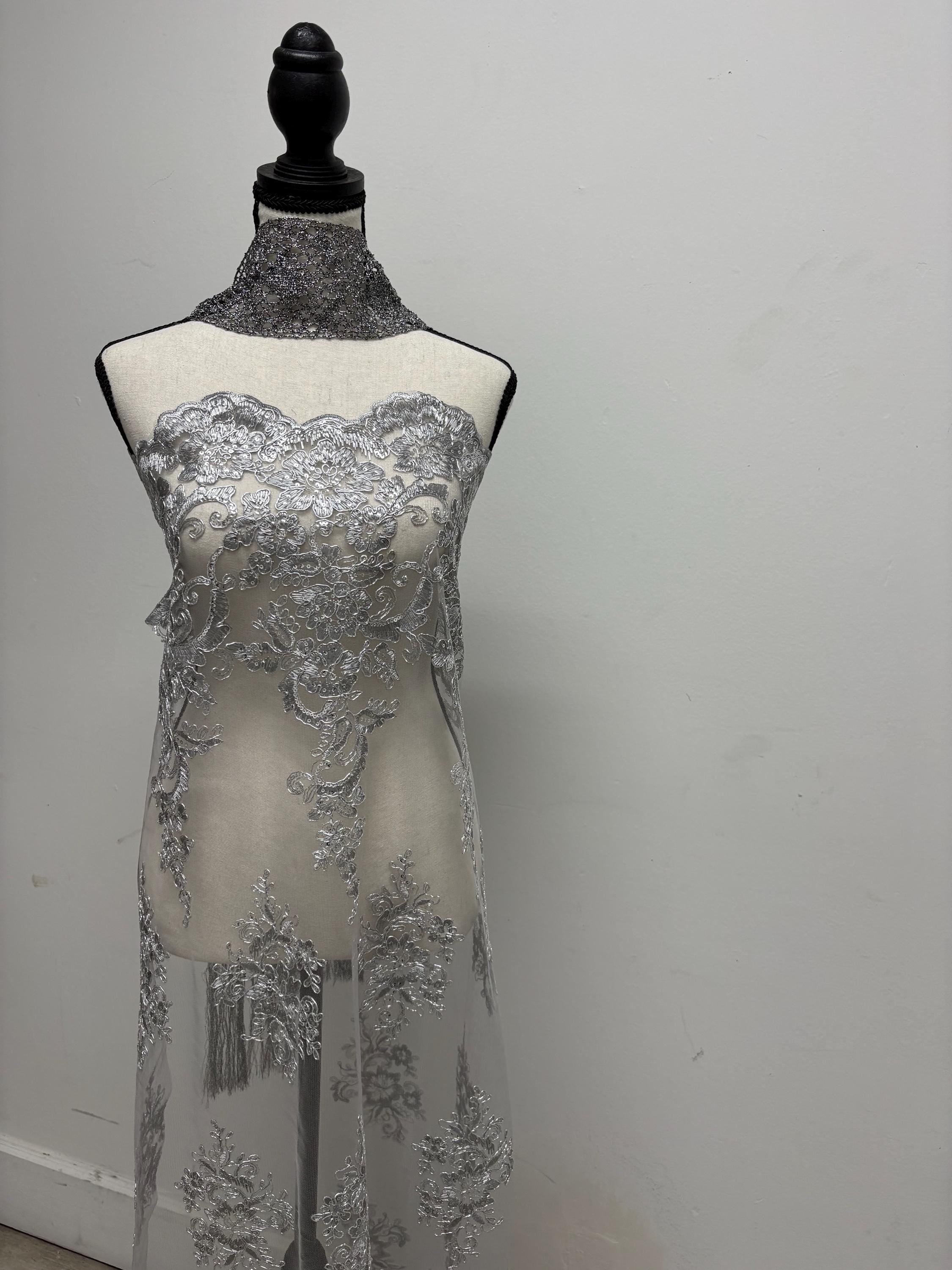 Lace Design#US50 color grey width 49/50 inches, Double scalloped Sequence Embroidery. 49/50". free sample.