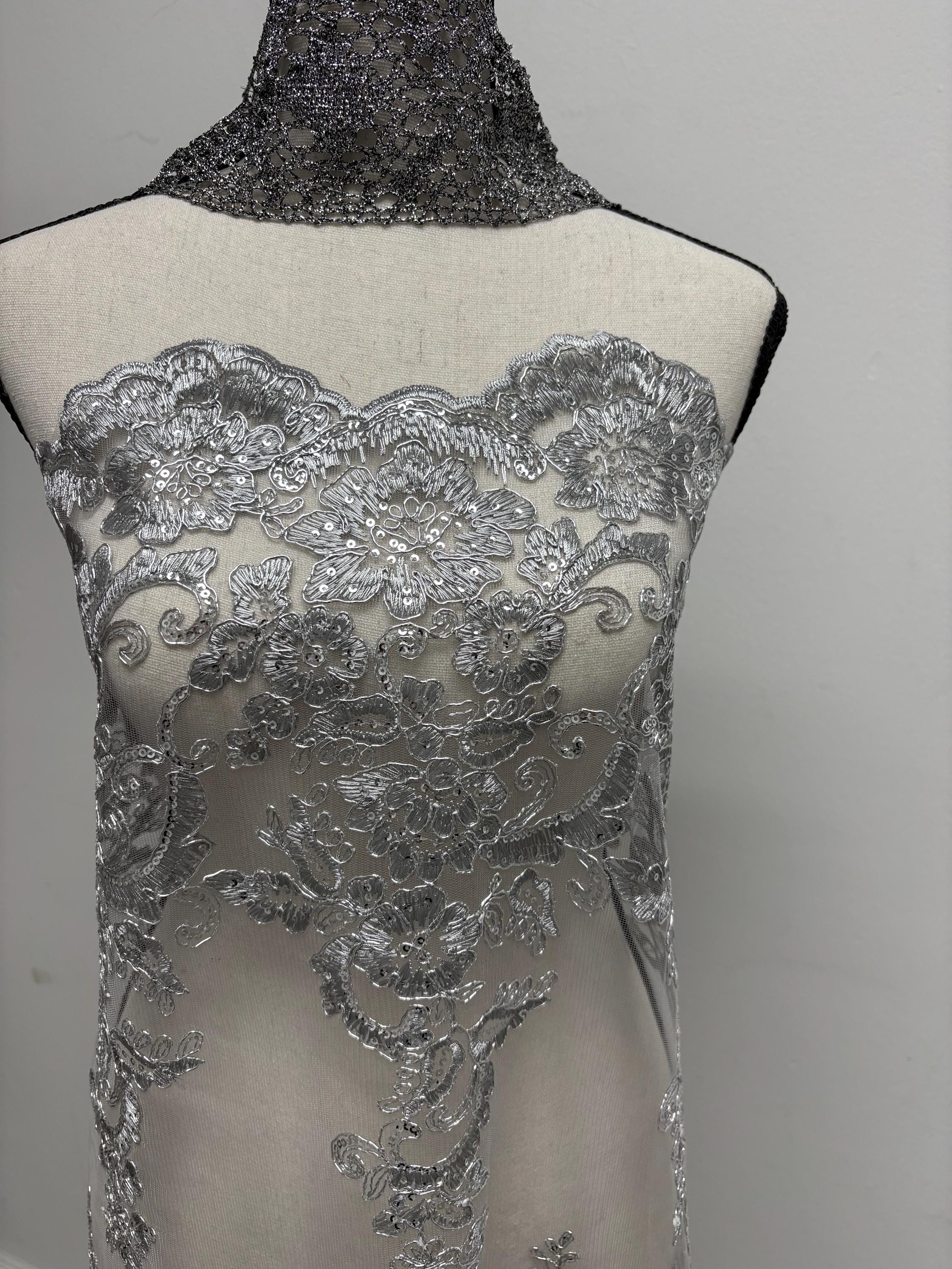 Lace Design#US50 color grey width 49/50 inches, Double scalloped Sequence Embroidery. 49/50". free sample.