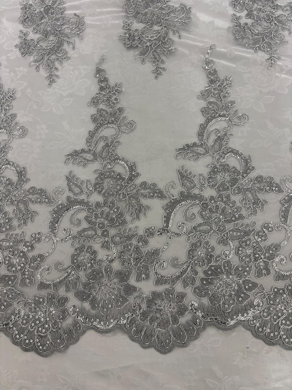 Lace Design#US50 color grey width 49/50 inches, Double scalloped Sequence Embroidery. 49/50". free sample.