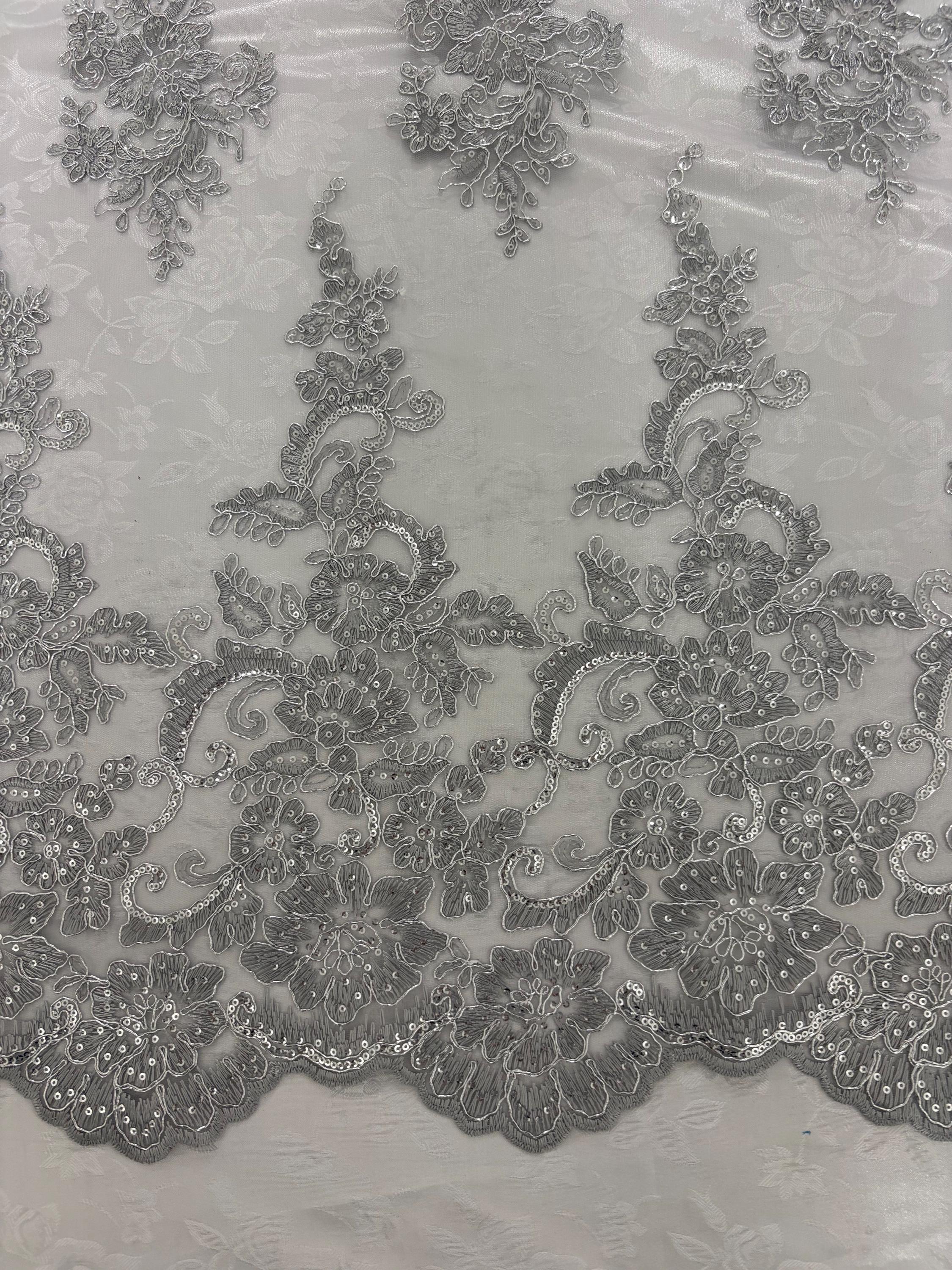 Lace Design#US50 color grey width 49/50 inches, Double scalloped Sequence Embroidery. 49/50". free sample.