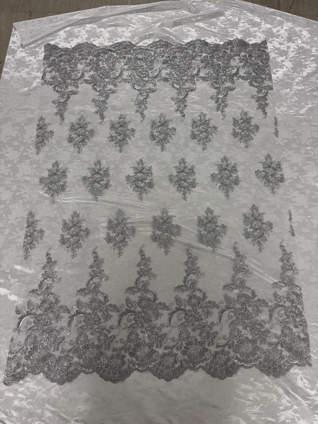 Lace Design#US50 color grey width 49/50 inches, Double scalloped Sequence Embroidery. 49/50". free sample.